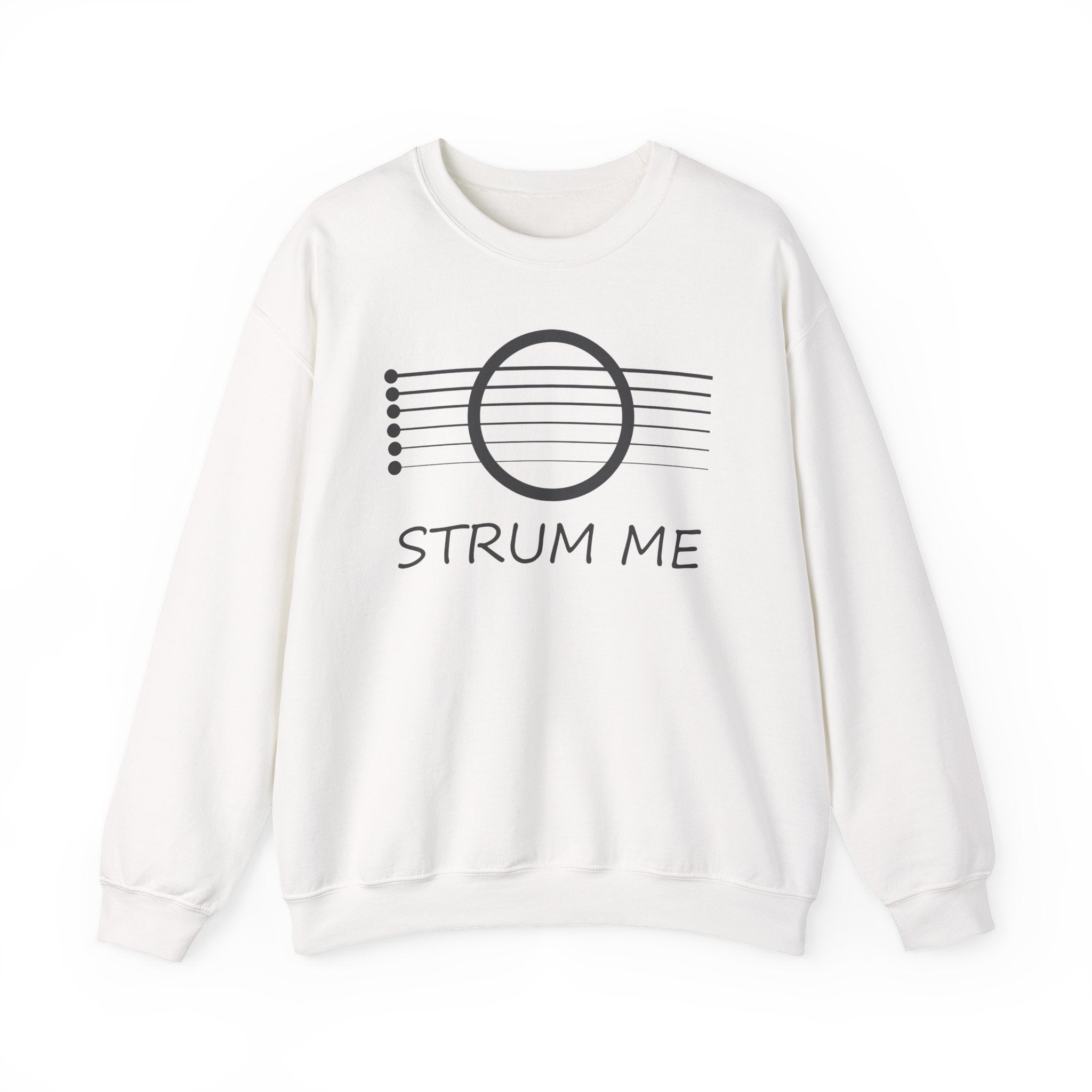 White sweatshirt with 'STRUM ME' text and acoustic guitar string design on a white background