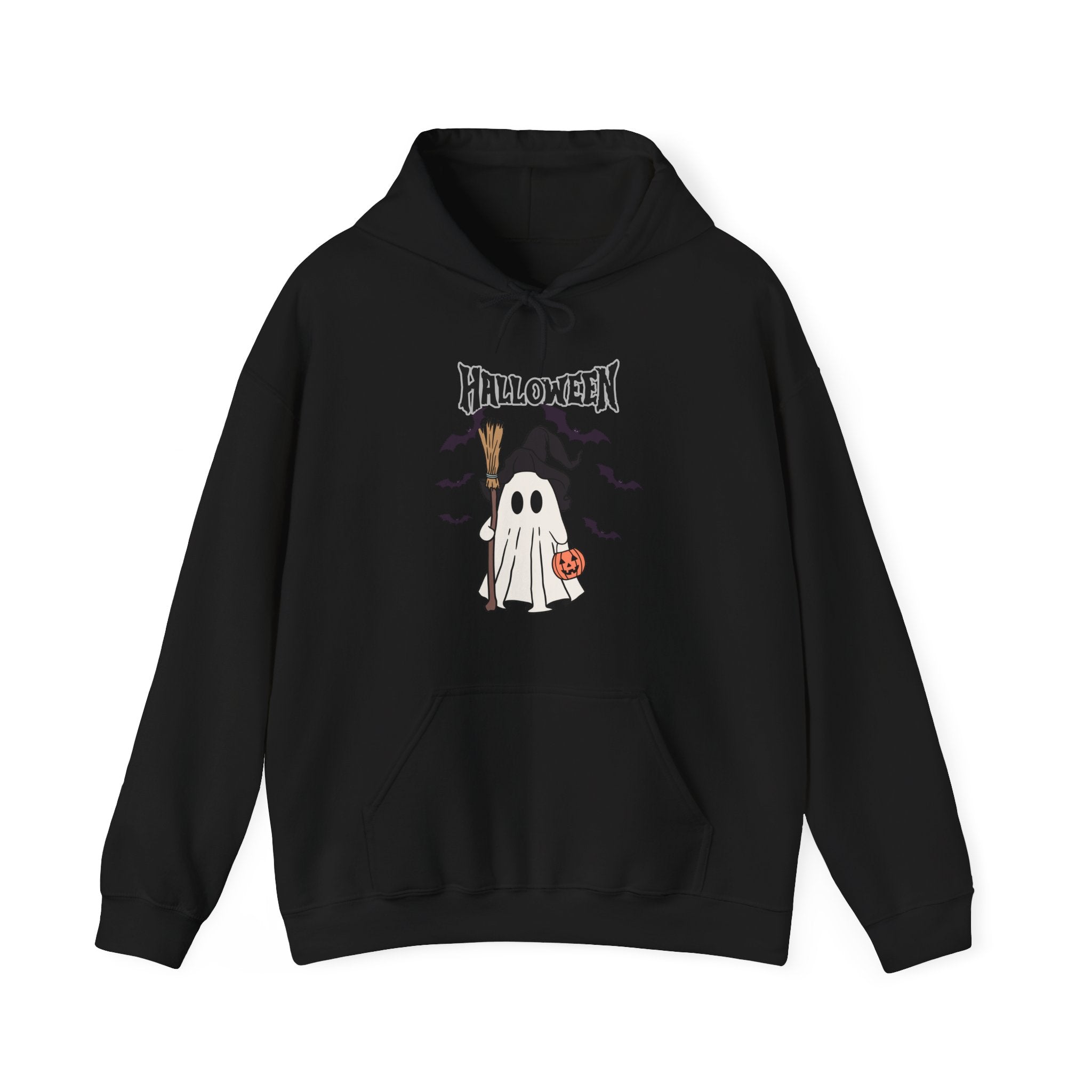 Black hoodie with Halloween-themed design featuring a ghost and pumpkin on a white background