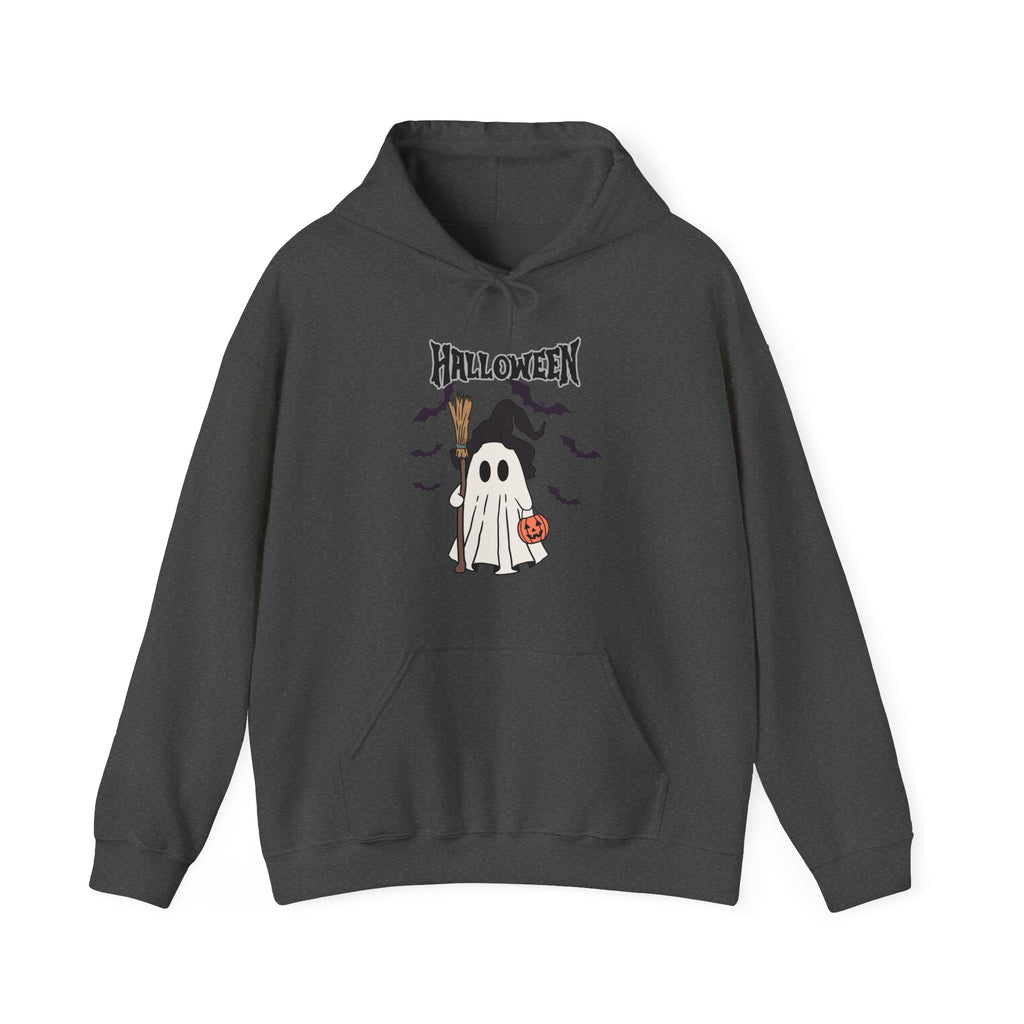 Dark gray hoodie with Halloween-themed design featuring a ghost and broomstick on a white background