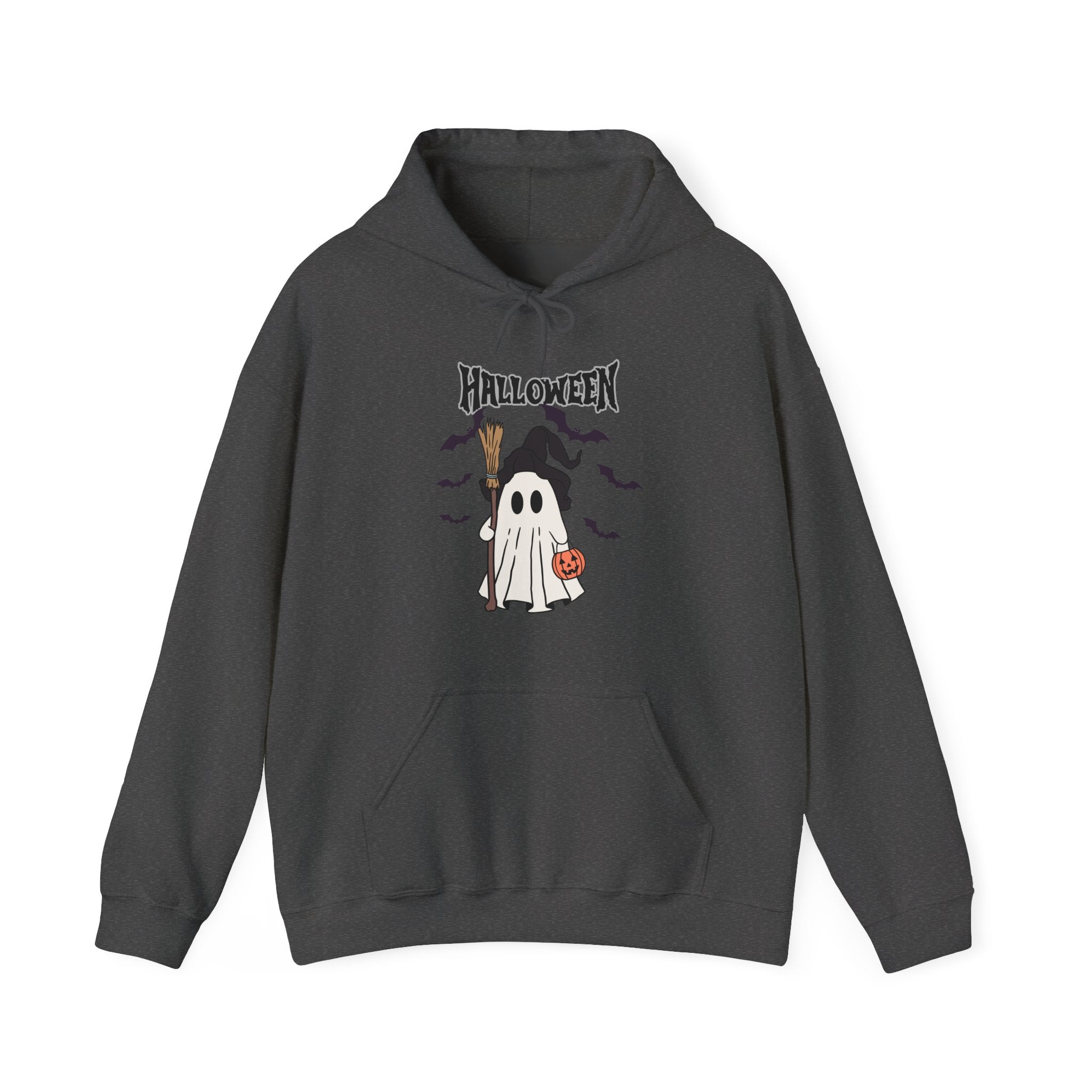 Dark gray hoodie with Halloween-themed design featuring a ghost and broomstick on a white background