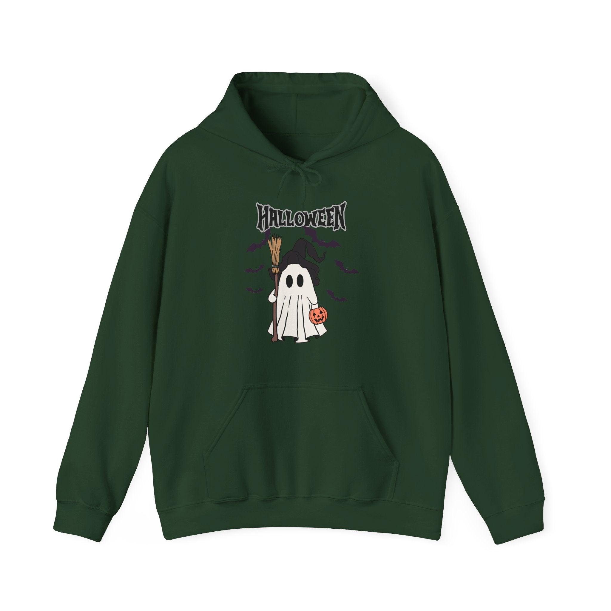 Forest green hoodie with Halloween-themed design featuring ghosts and a broomstick on a white background