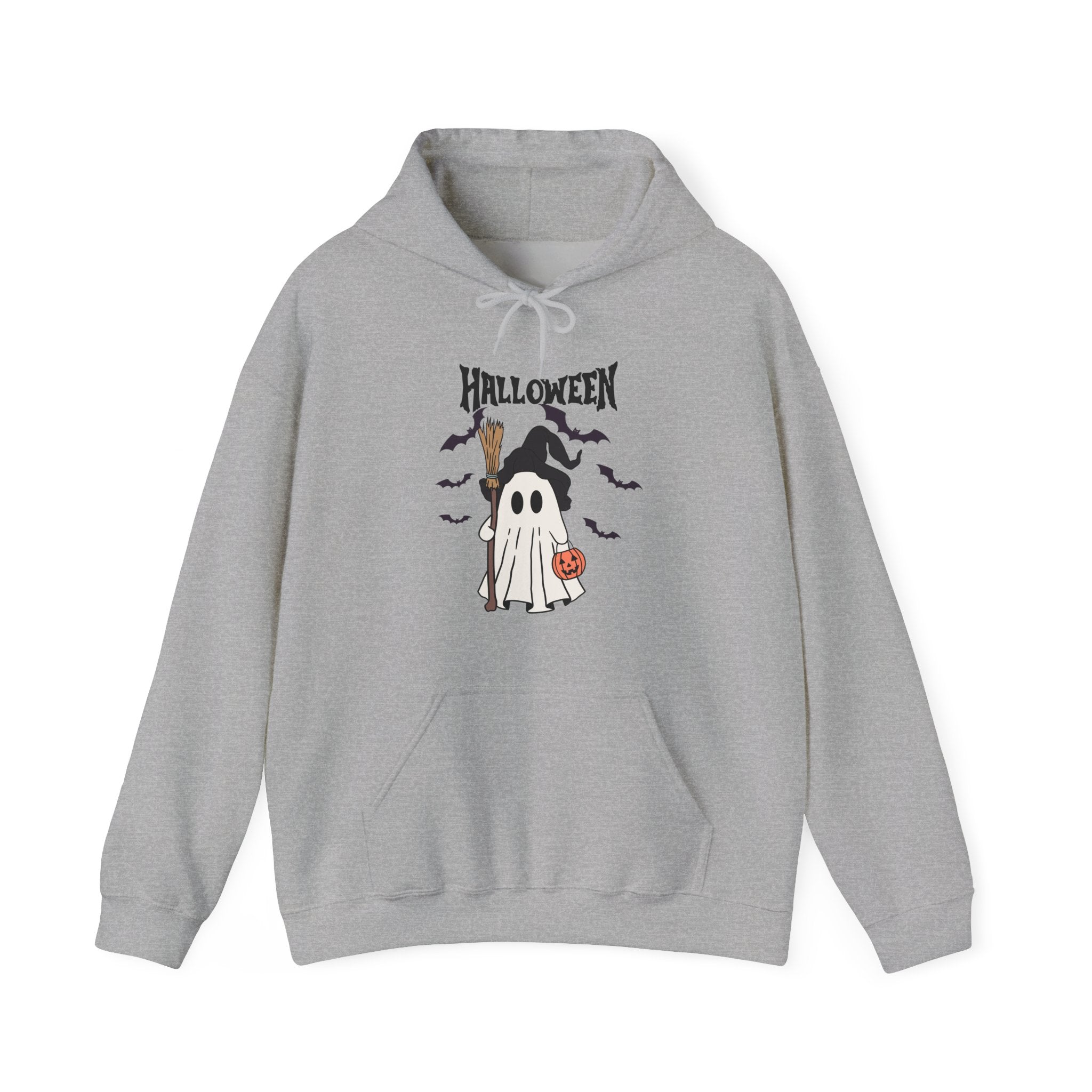Gray hoodie with Halloween-themed design featuring a ghost and witch on a white background