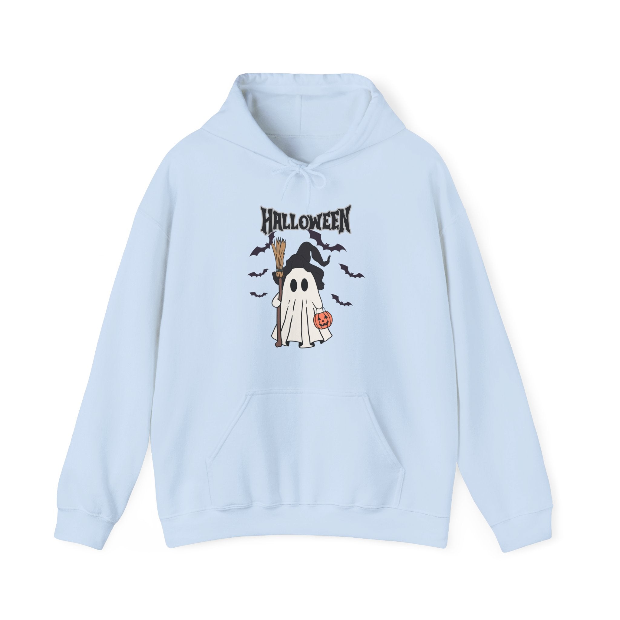 Light blue hoodie with Halloween-themed design on a white background