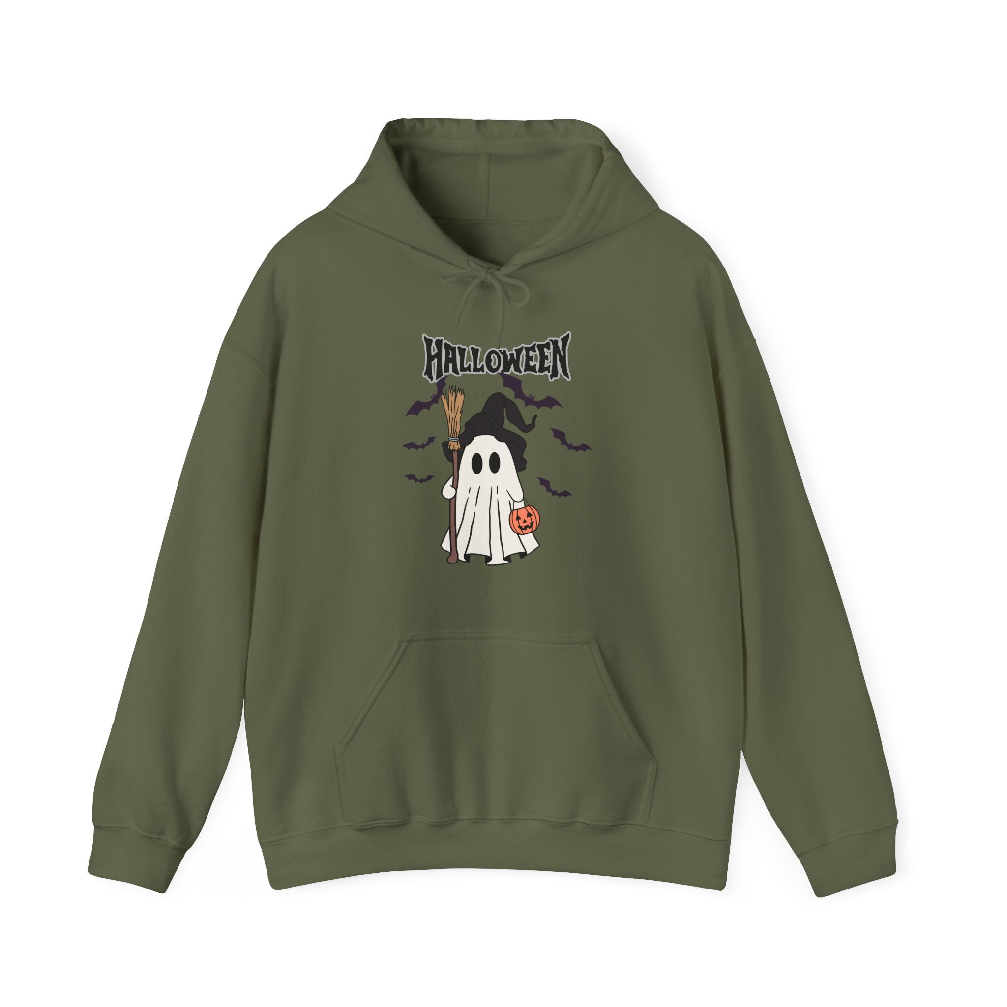 Military green hoodie with Halloween-themed design featuring a ghost and broomstick on a white background