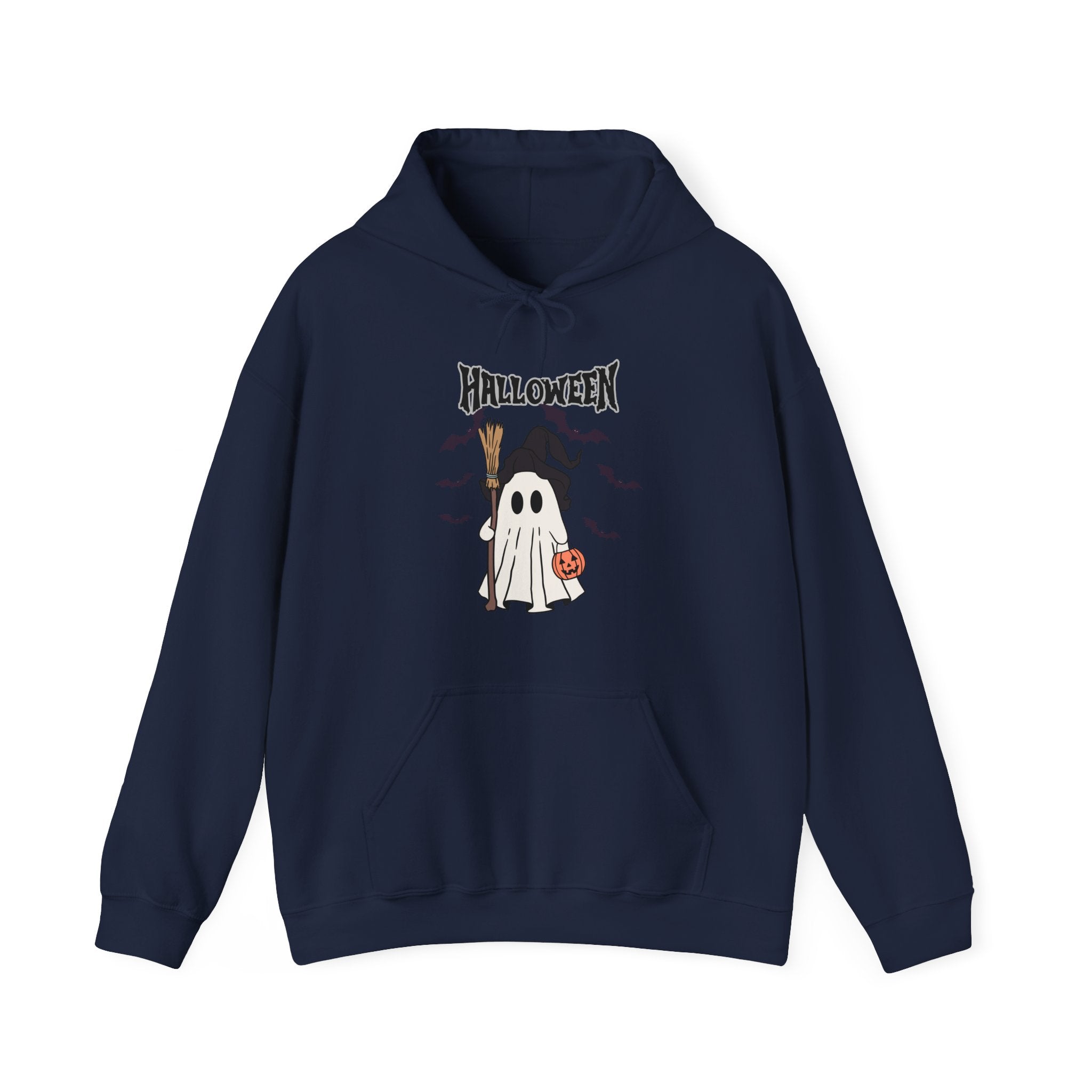 Navy blue hoodie with Halloween-themed design featuring a ghost and pumpkin on a white background