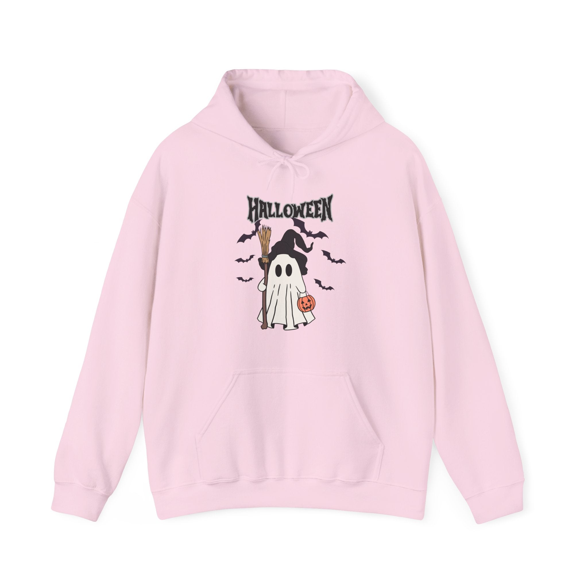 Pink hoodie with Halloween-themed design on a white background