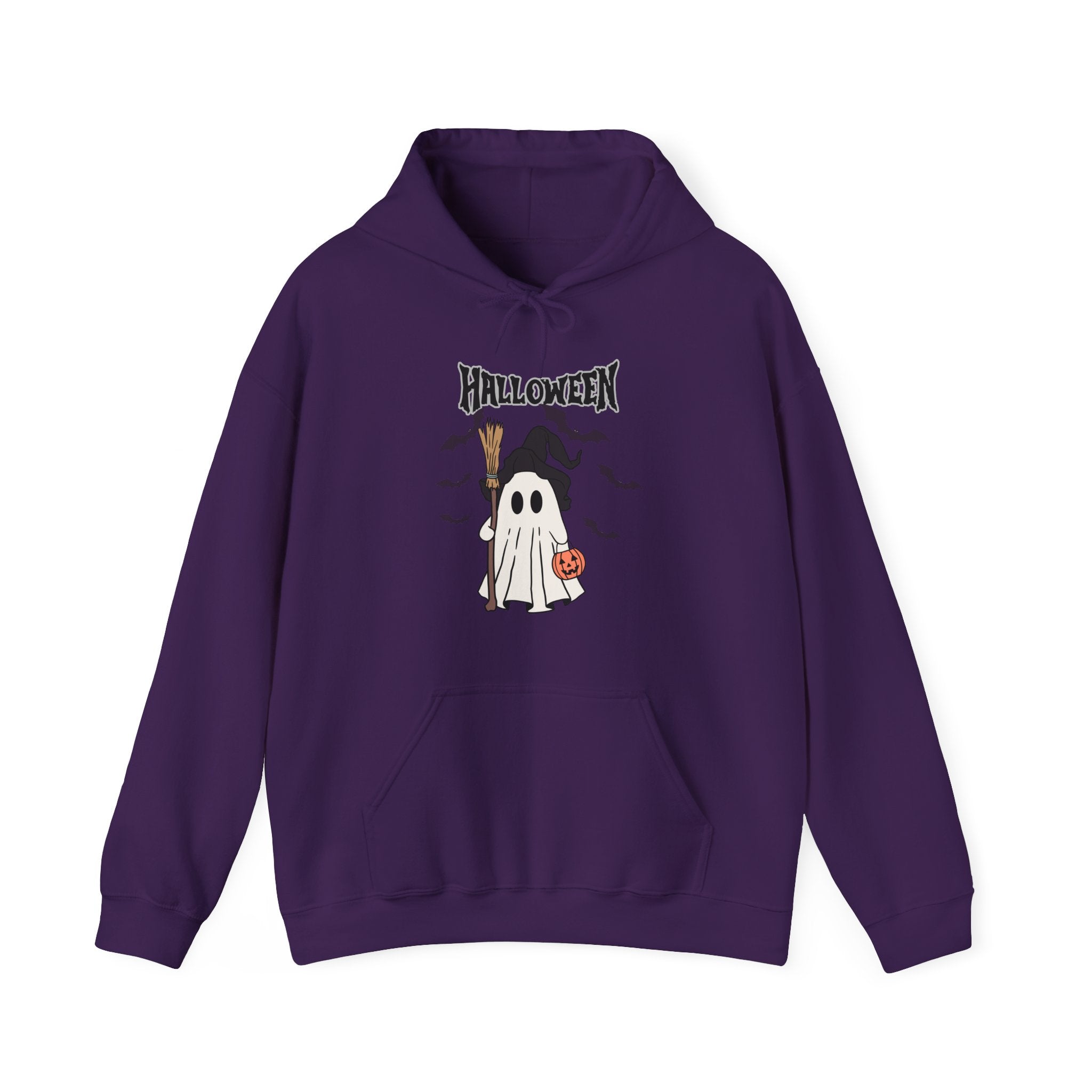Purple hoodie with Halloween-themed design featuring a ghost and broomstick on a white background