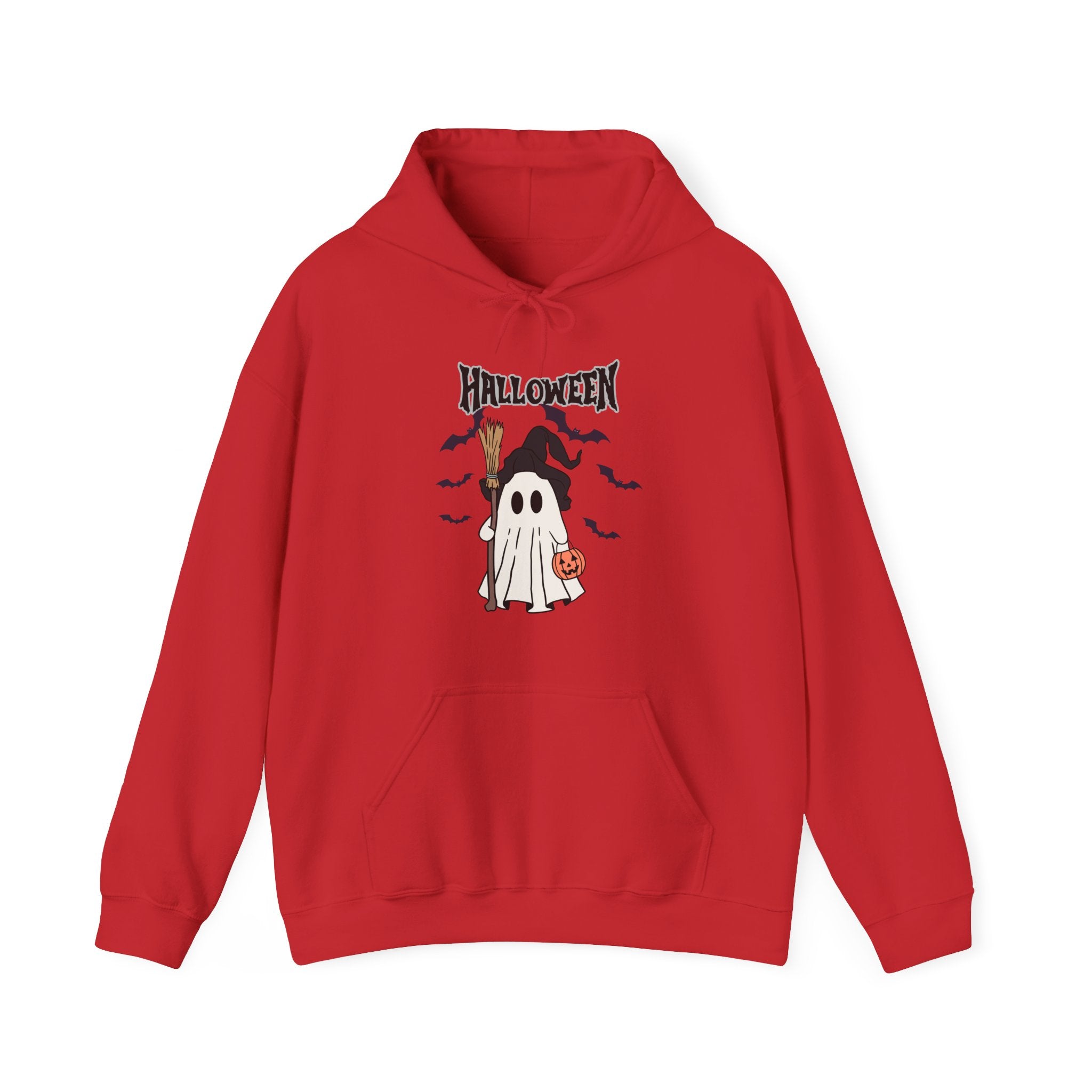 Red hoodie with Halloween-themed design featuring a ghost and witch hat on a white background