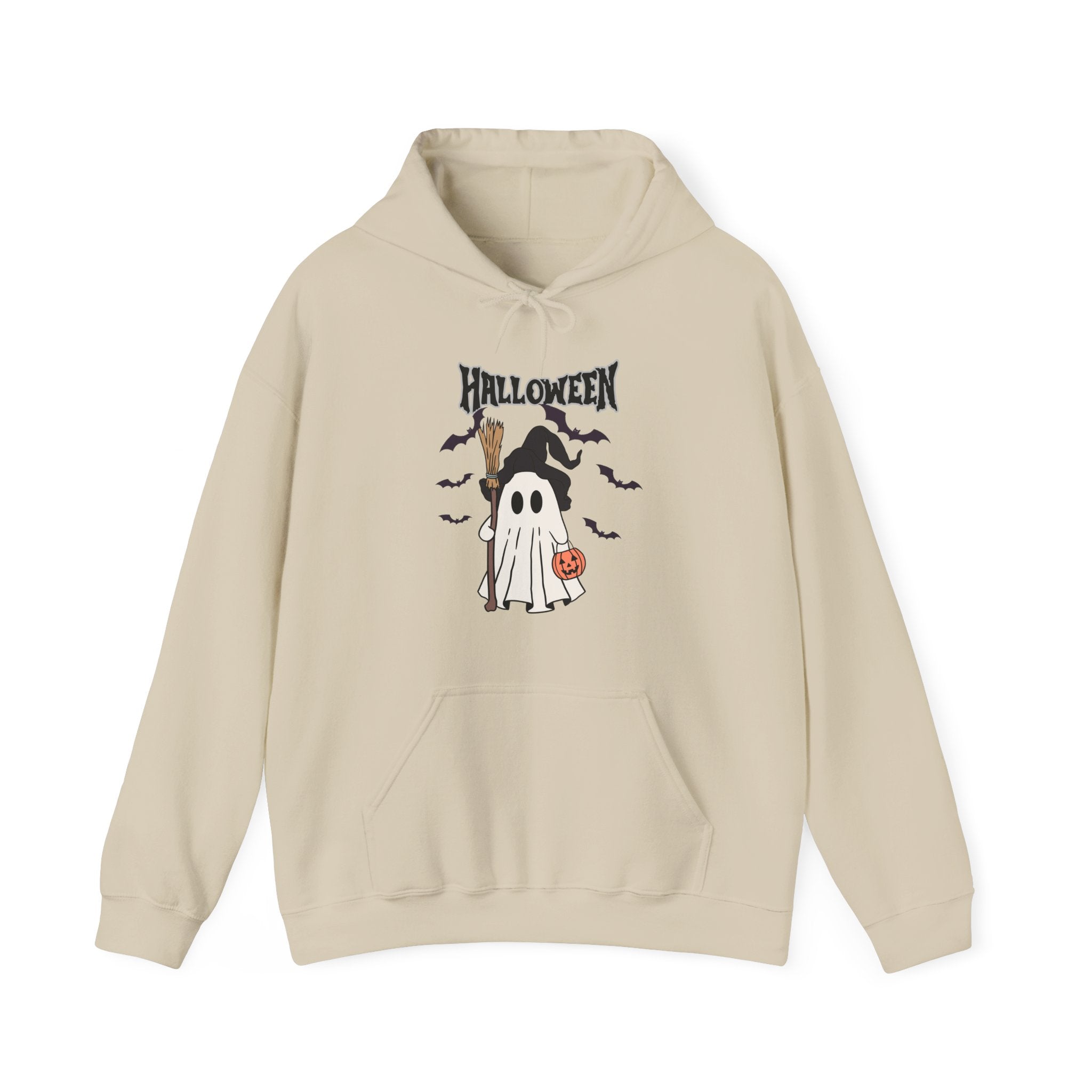 Beige hoodie with Halloween-themed design on a white background