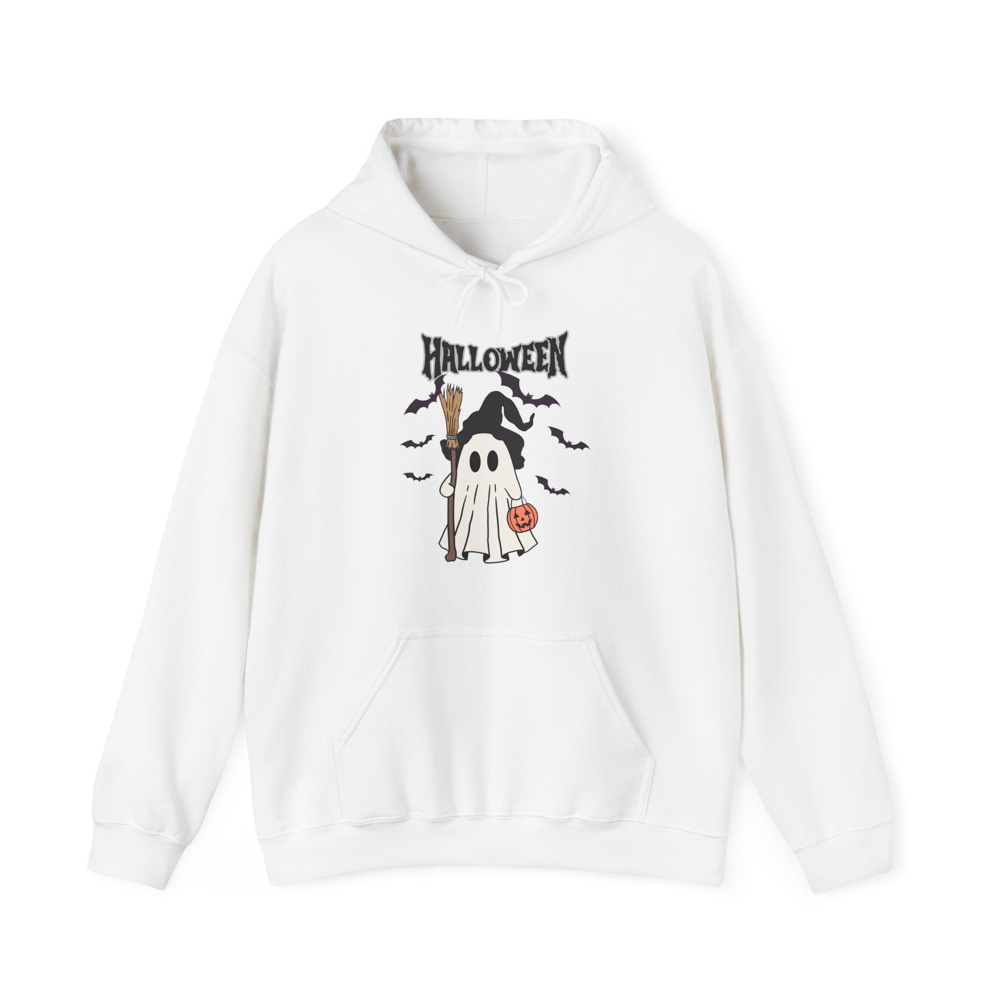 White hoodie with Halloween-themed design on a white background