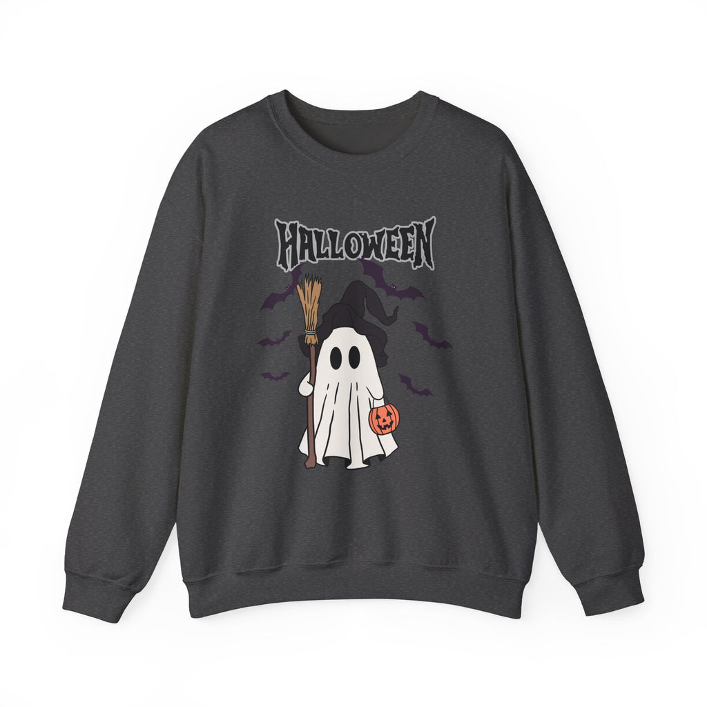 Dark heather sweatshirt with Halloween-themed ghost design on a white background
