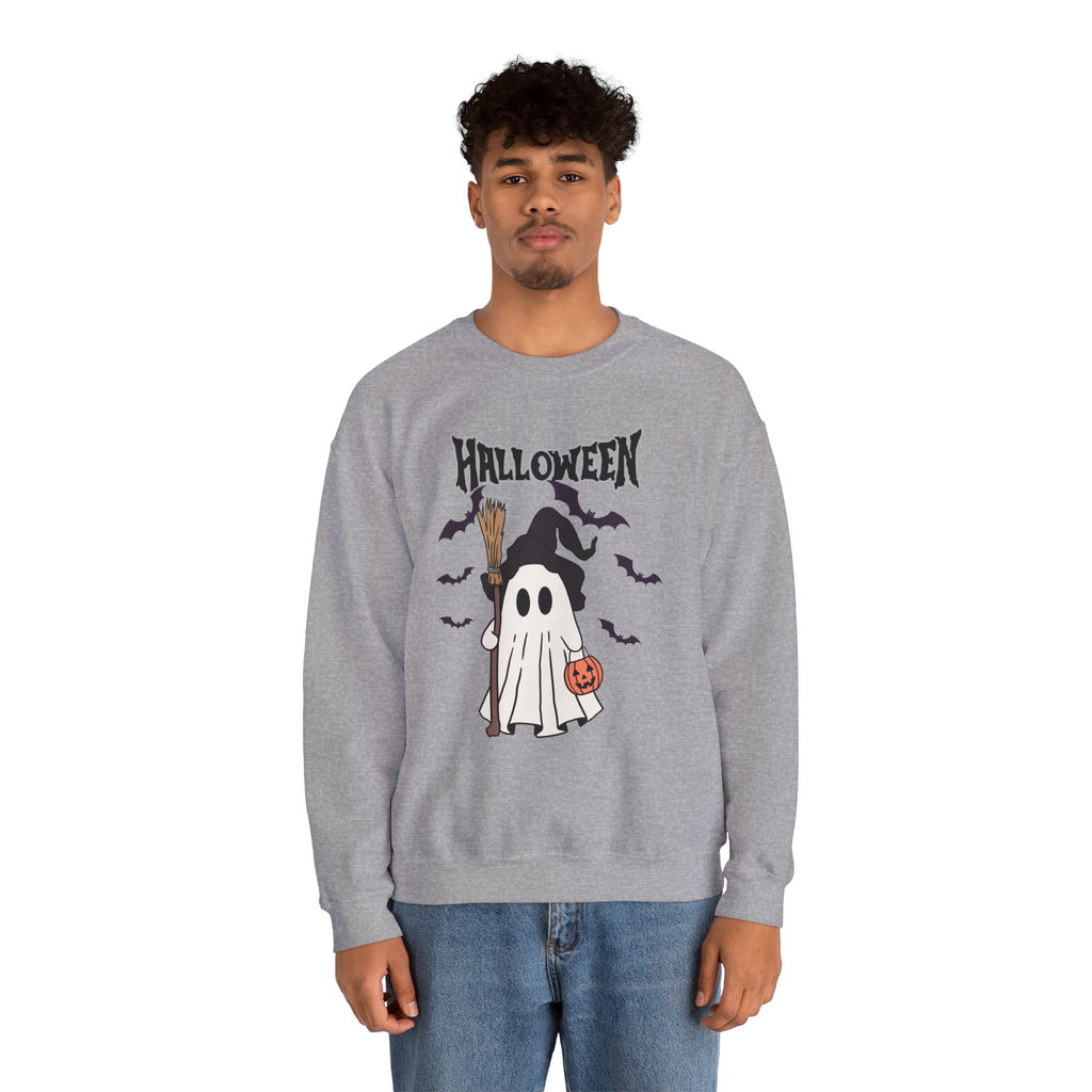 Person wearing a gray sweatshirt with Halloween-themed design on a white background
