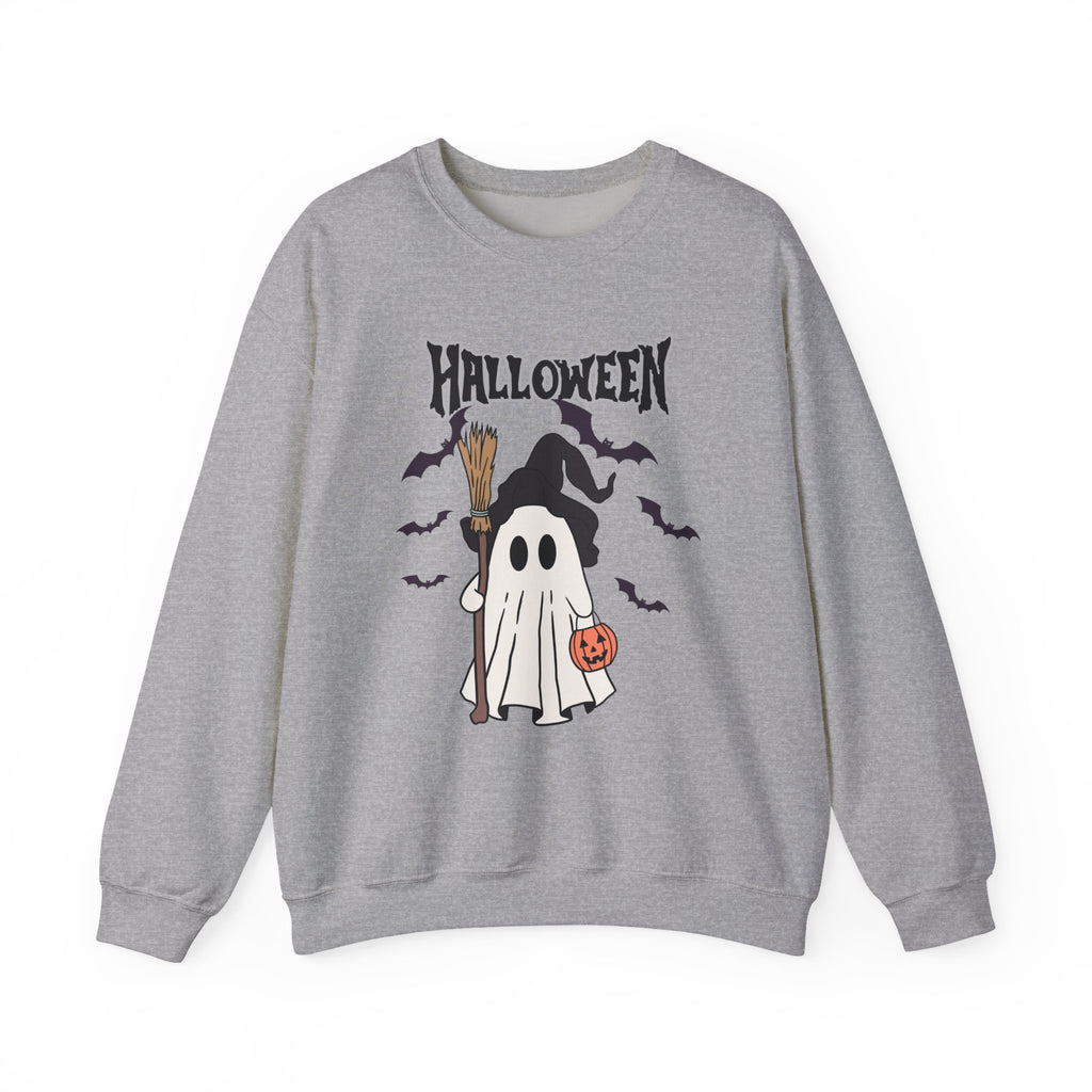 Gray sweatshirt with Halloween-themed ghost design on a white background