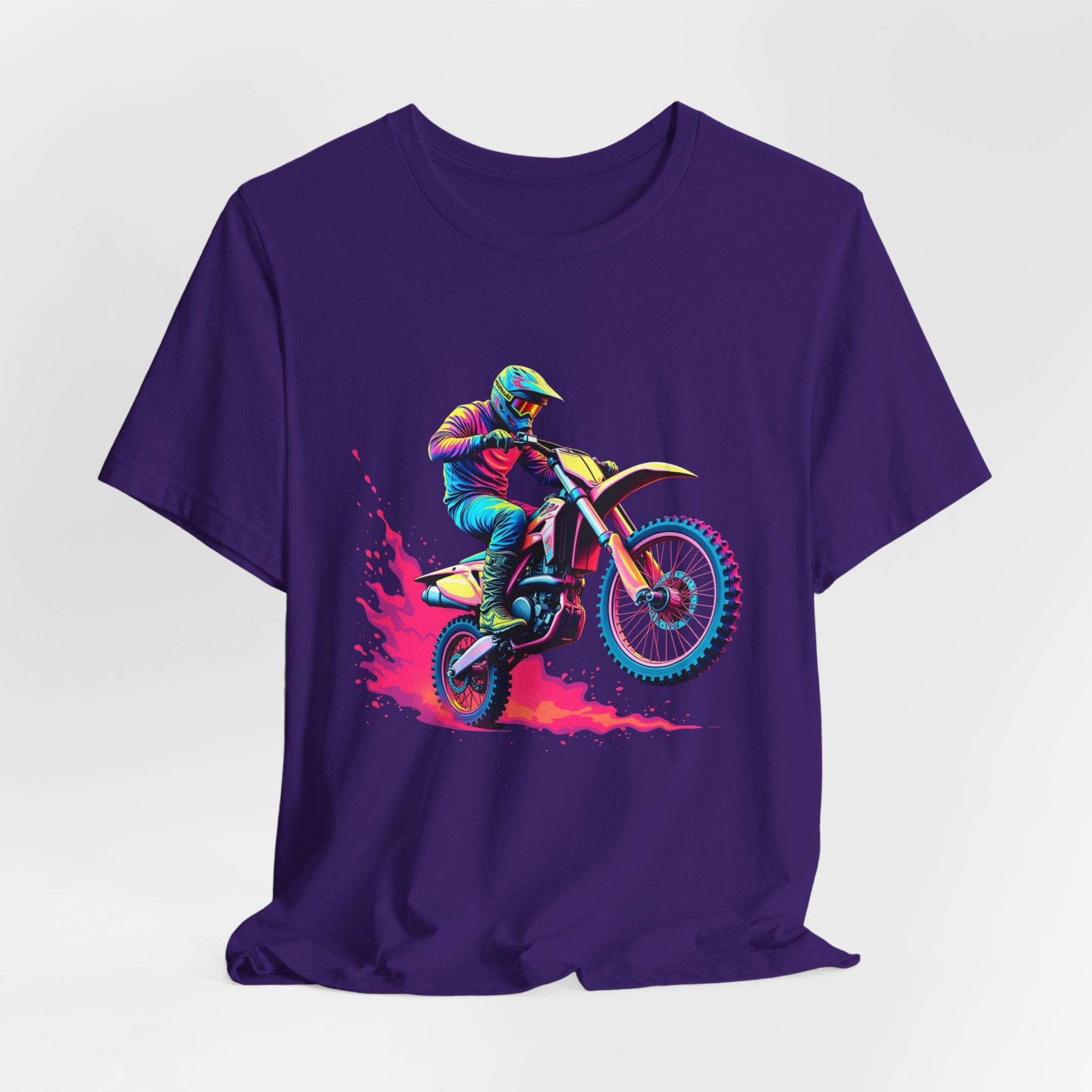 Purple t-shirt with a colorful graphic of a motocross rider on a bike.