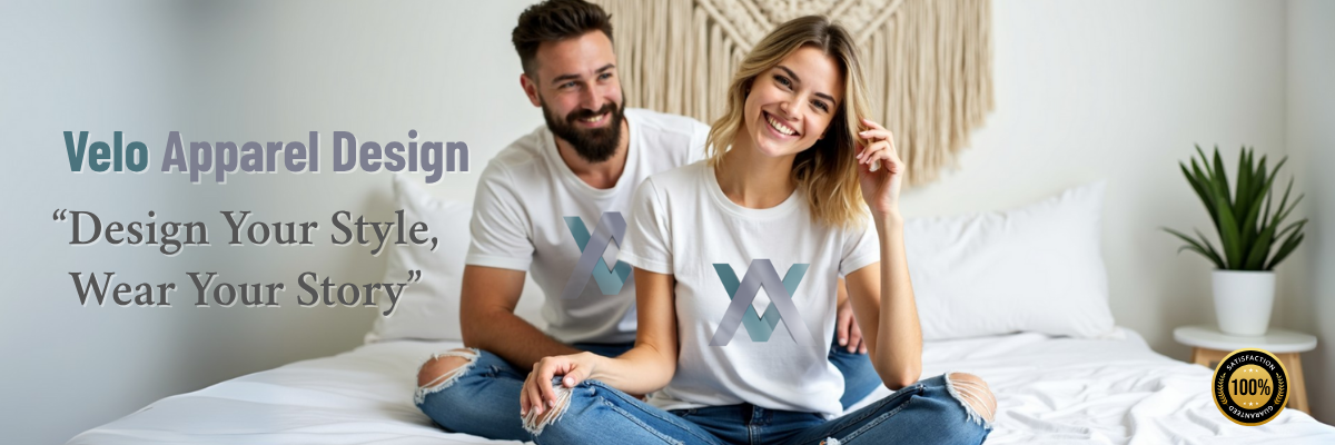 Man and woman sitting on a bed wearing matching t-shirts with a logo, text 'Velo Apparel Design' displayed.