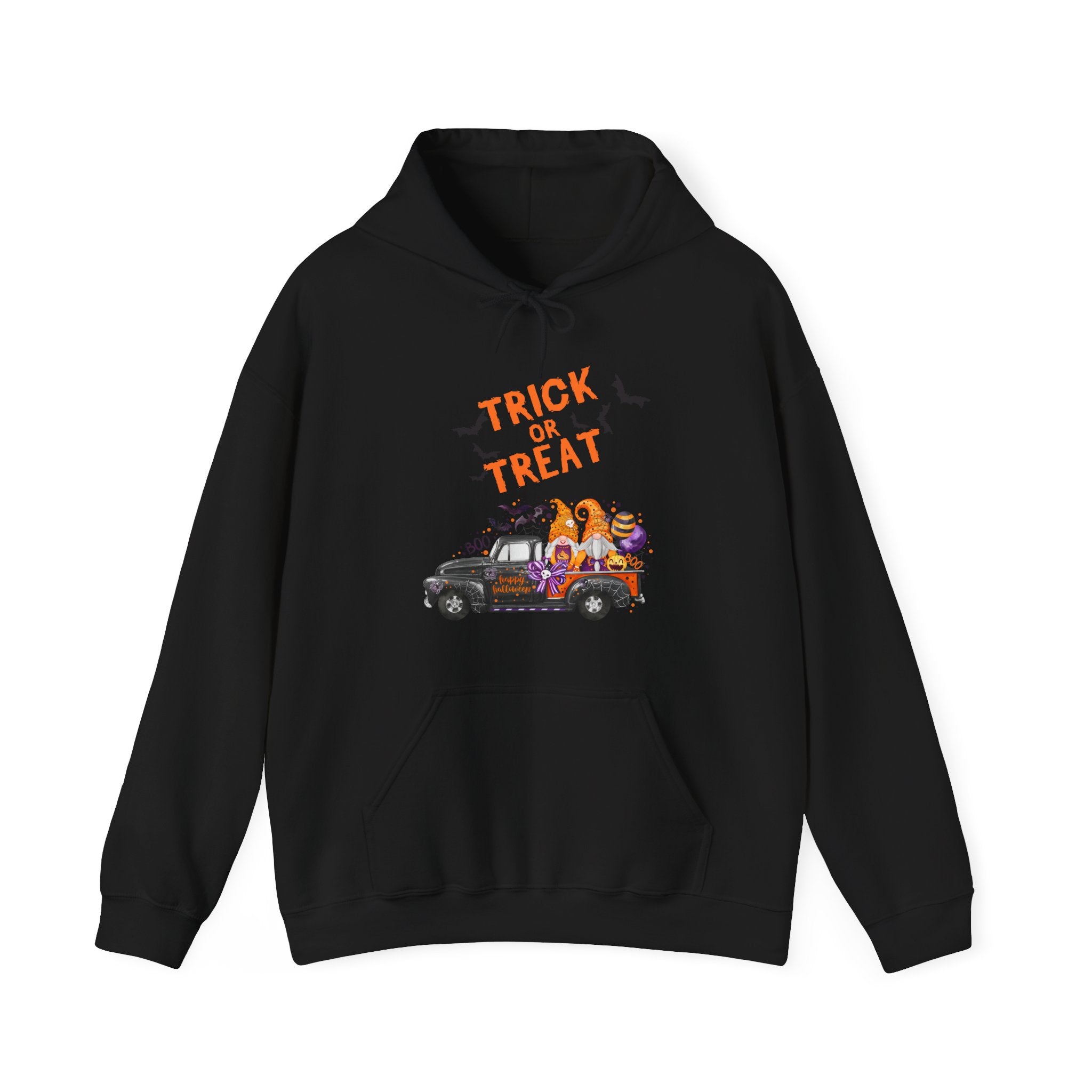Black hoodie with 'Trick or Treat' and Halloween-themed design on a white background