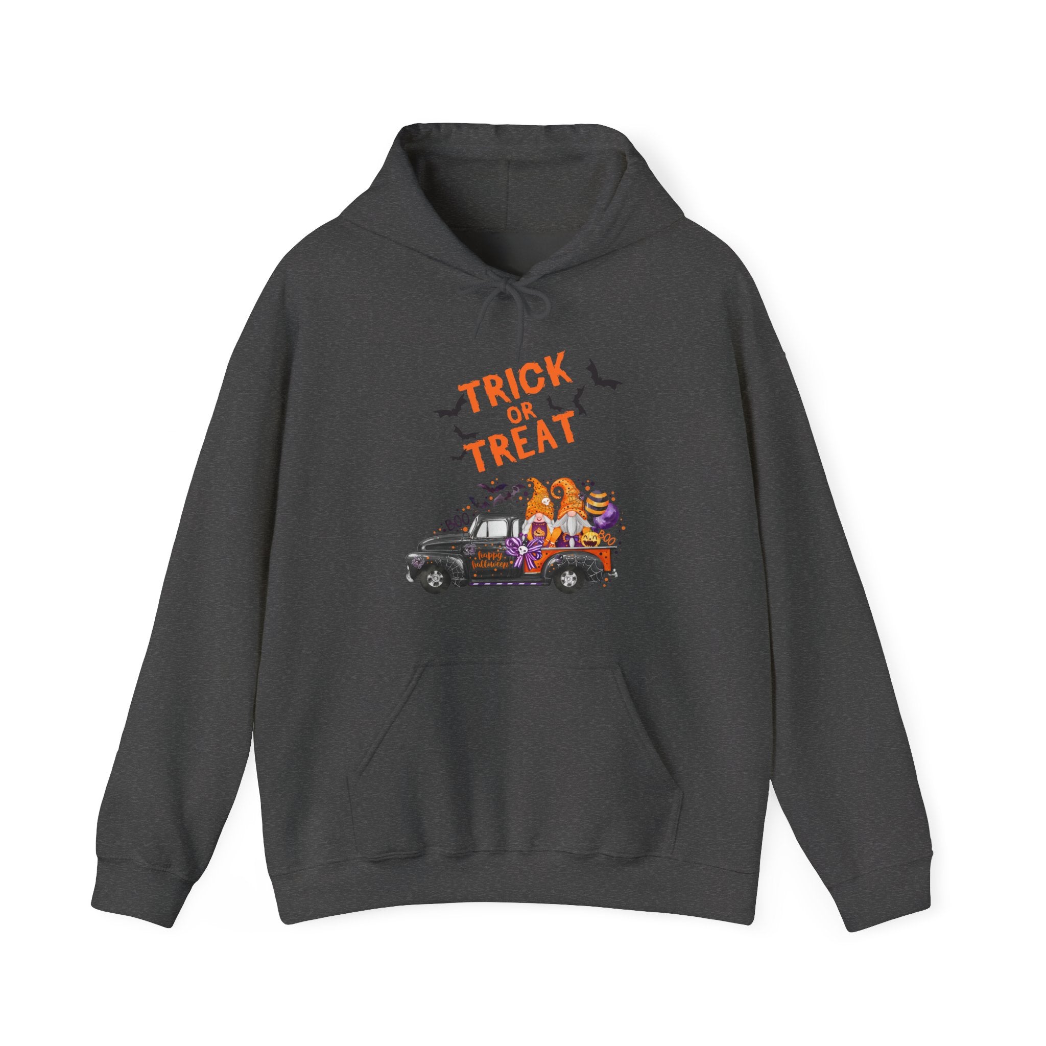 Gray hoodie with 'Trick or Treat' and Halloween-themed design on a white background