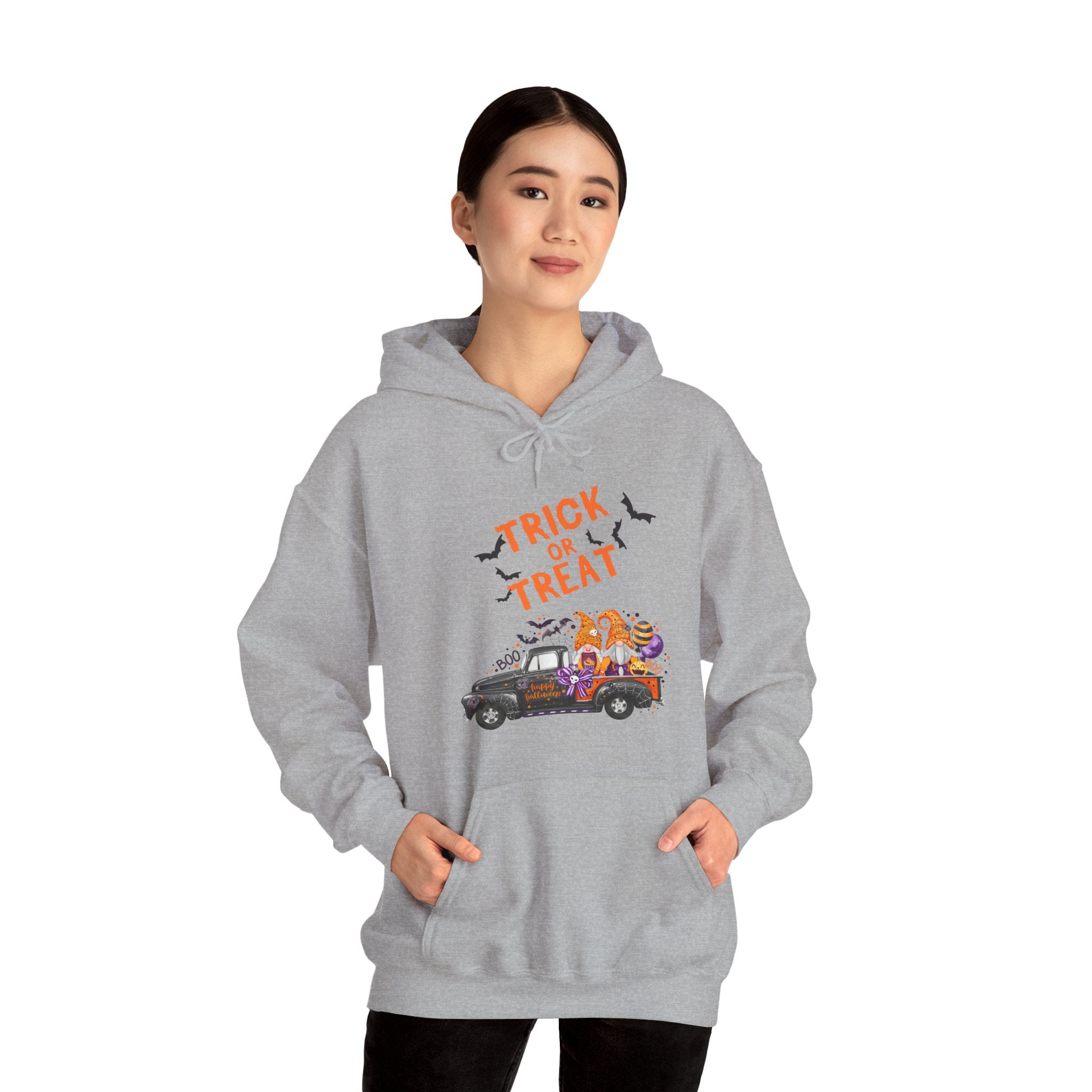 Person wearing a gray hoodie with Halloween design and text on a white background