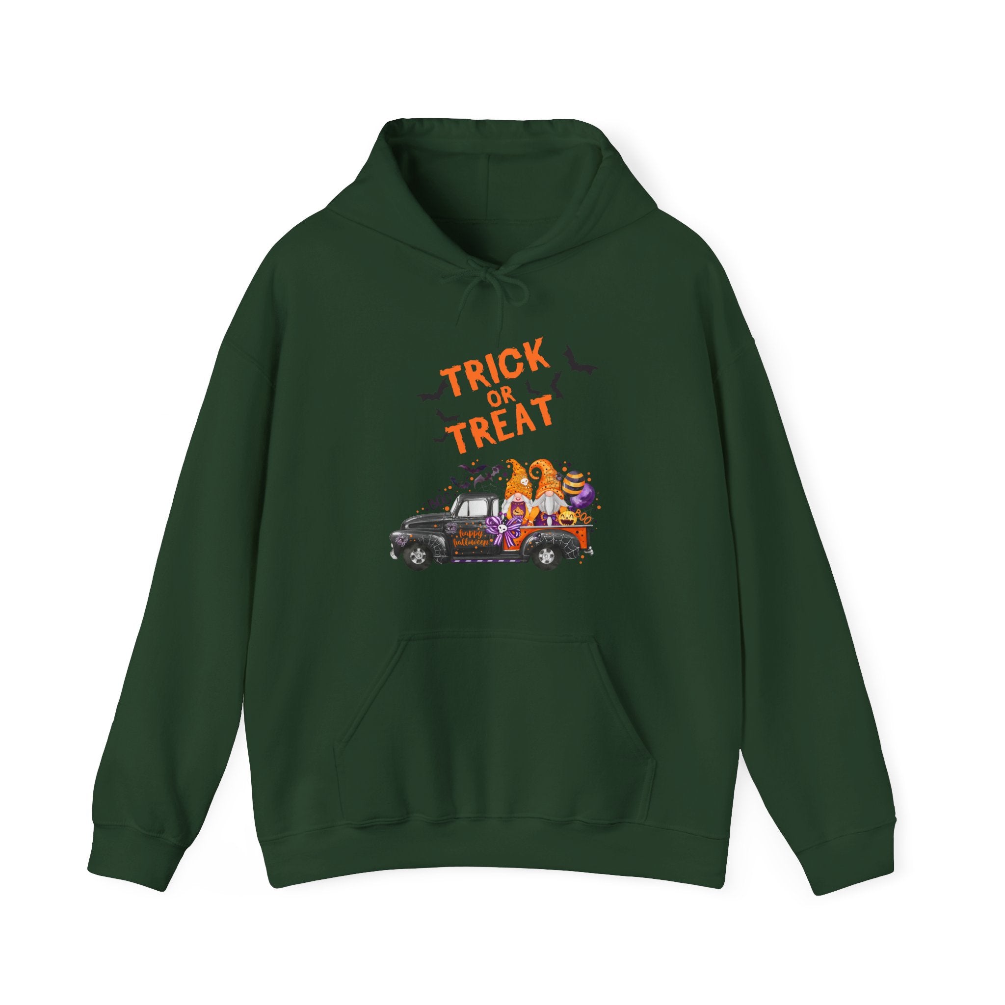Forest green hoodie with 'Trick or Treat' and Halloween-themed design on a white background