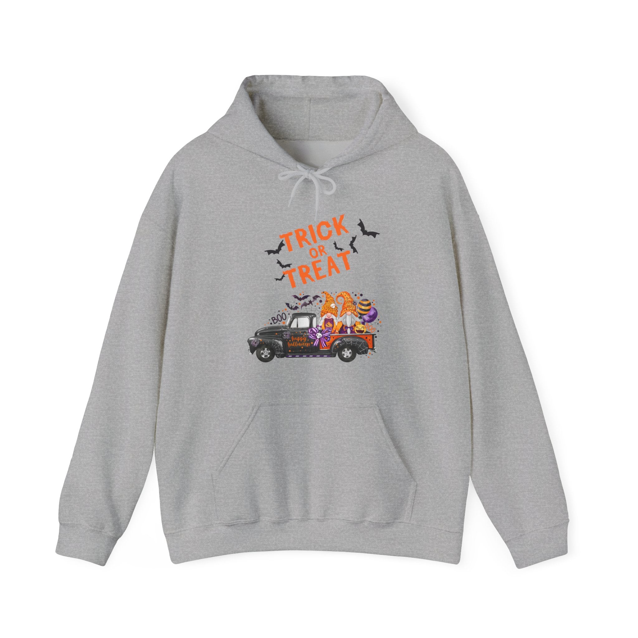 Gray hoodie with 'Trick or Treat' and Halloween-themed design on a white background