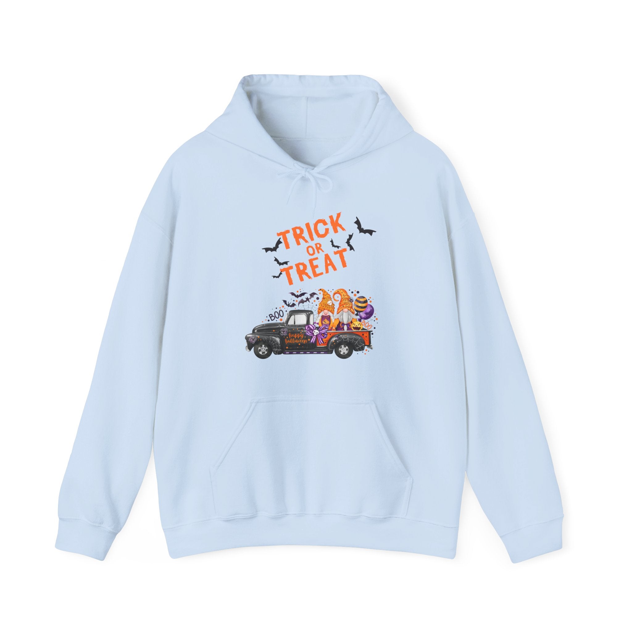 Light blue hoodie with 'Trick or Treat' text and Halloween graphics on a white background