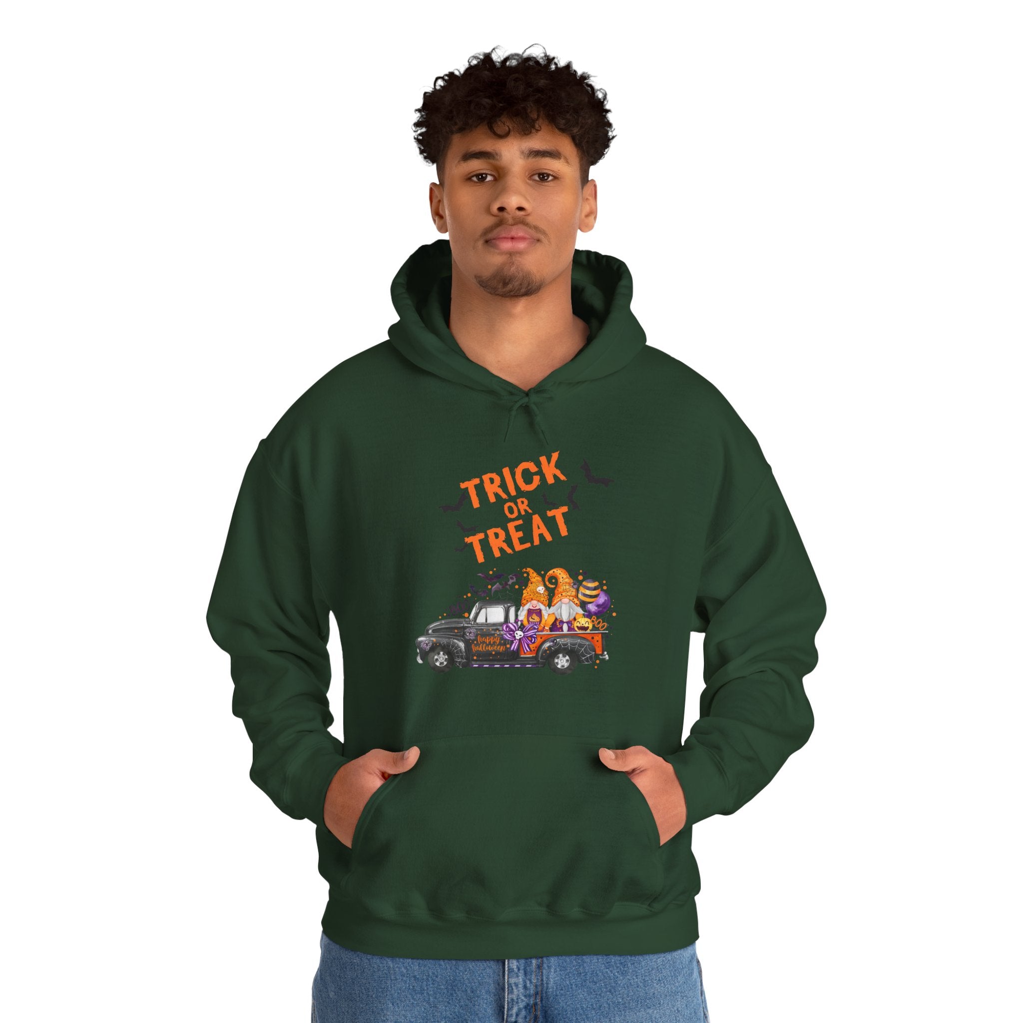 Person wearing a green hoodie with 'Trick or Treat' and Halloween-themed graphic on a white background