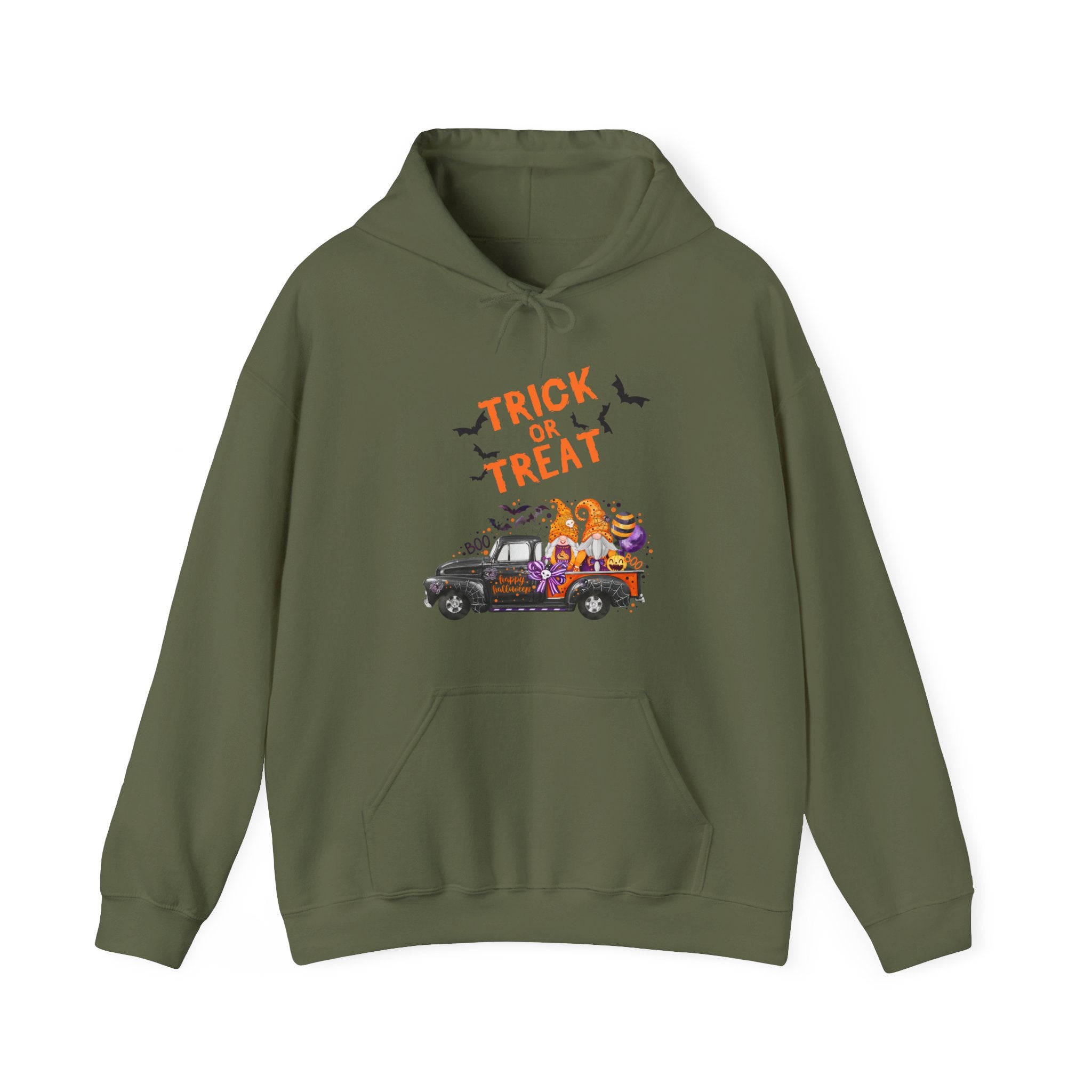 Military green hoodie with 'Trick or Treat' and Halloween-themed design on a white background