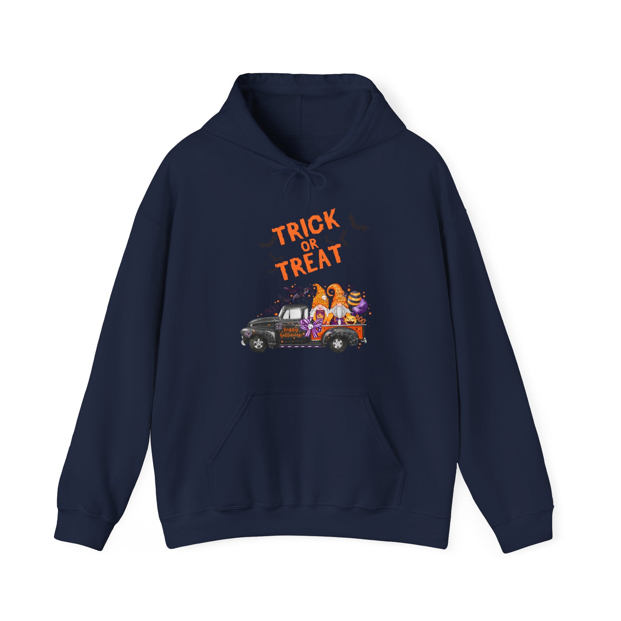 Navy blue hoodie with 'Trick or Treat' and Halloween-themed design on a white background