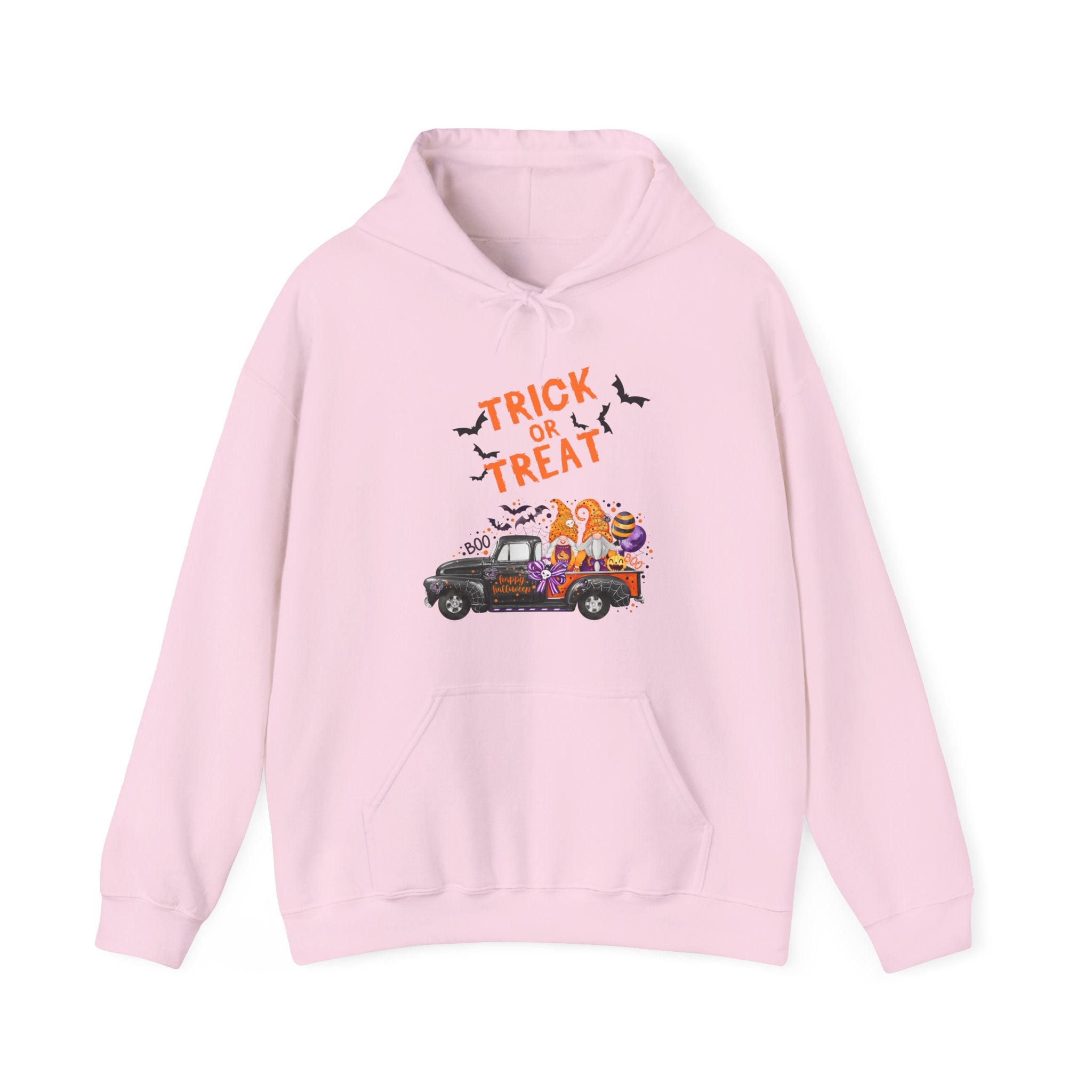 Pink hoodie with 'Trick or Treat' design featuring a truck and pumpkins on a white background.
