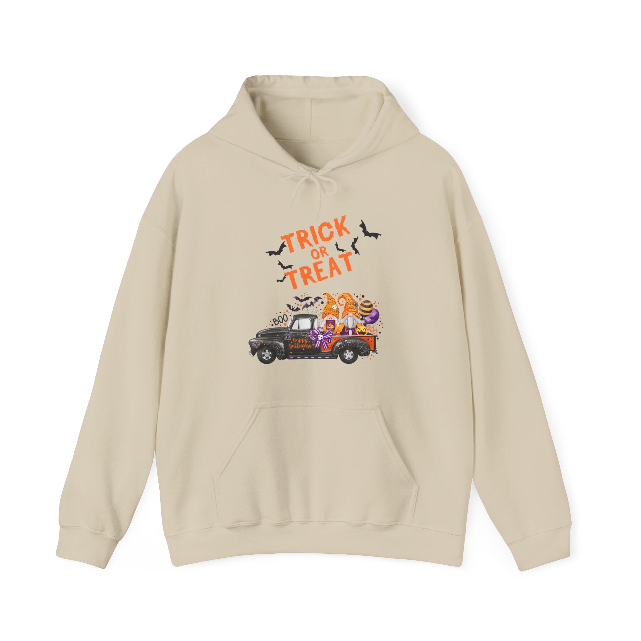 Beige hoodie with 'Trick or Treat' design featuring a truck and Halloween elements on a white background.