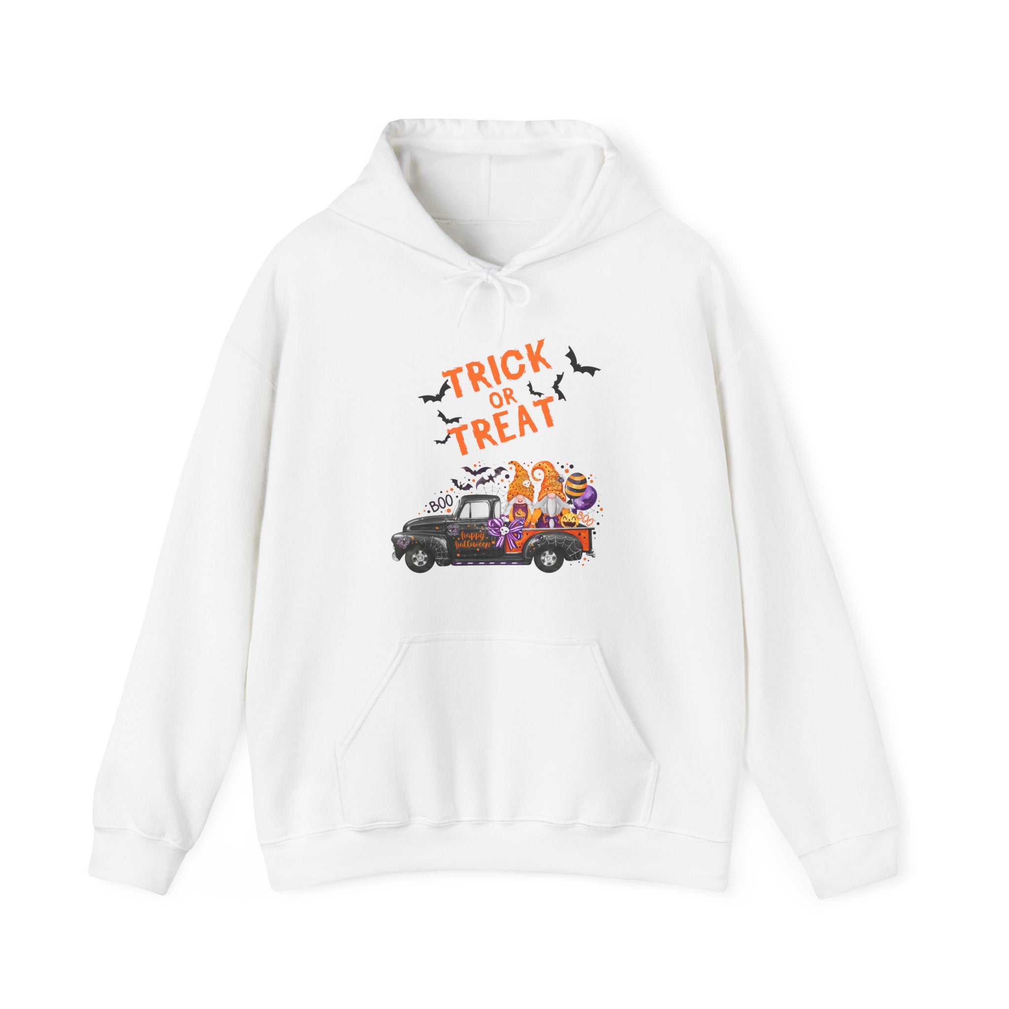 White hoodie with 'Trick or Treat' design featuring a truck and pumpkins on a white background