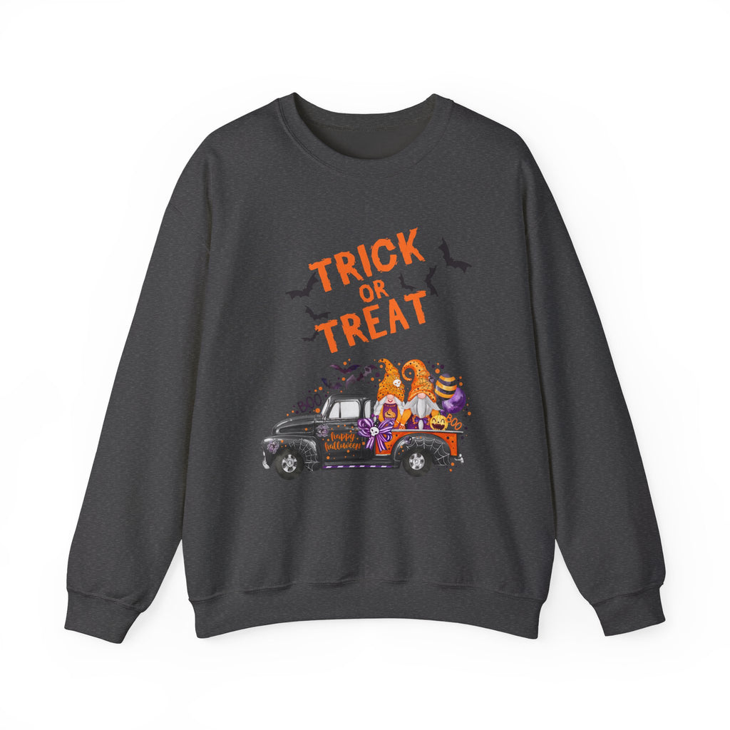 Dark heather gray sweatshirt with 'Trick or Treat' text and Halloween graphic on a white background