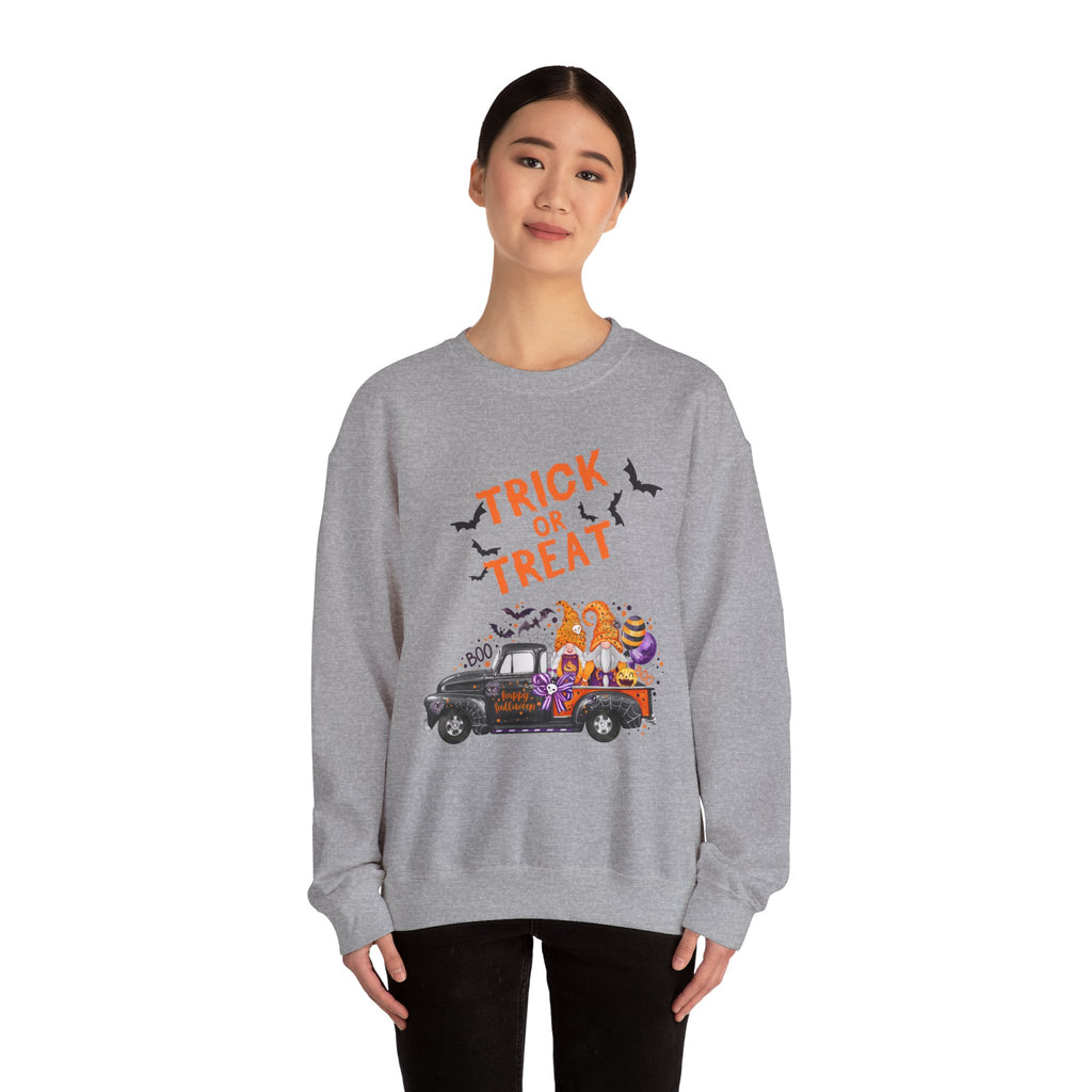 Person wearing a gray sweatshirt with Halloween-themed design on a white background