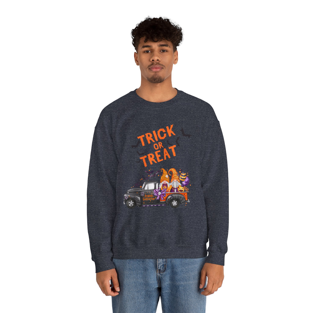 Person wearing a navy sweatshirt with 'Trick or Treat' and Halloween design on a white background