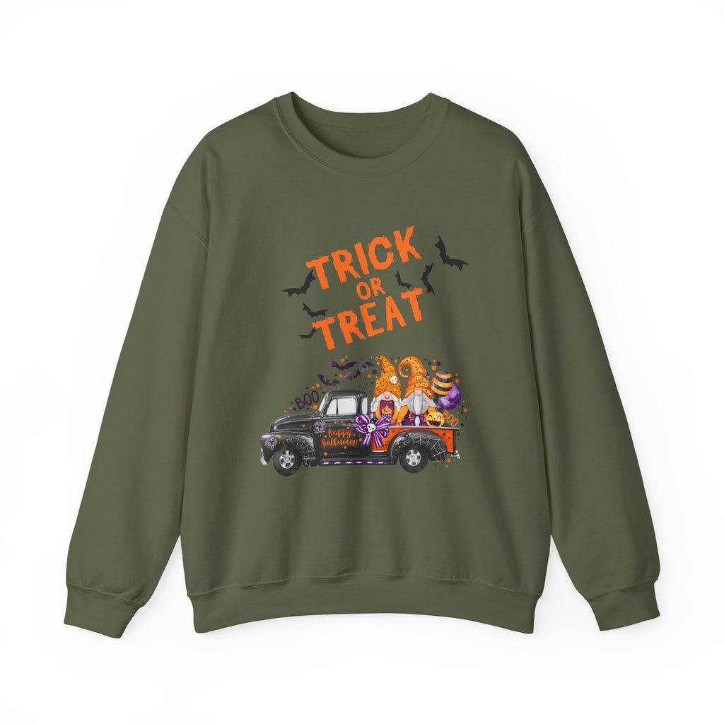 Military green sweatshirt with Halloween-themed design featuring a truck and 'Trick or Treat' text on a white background.