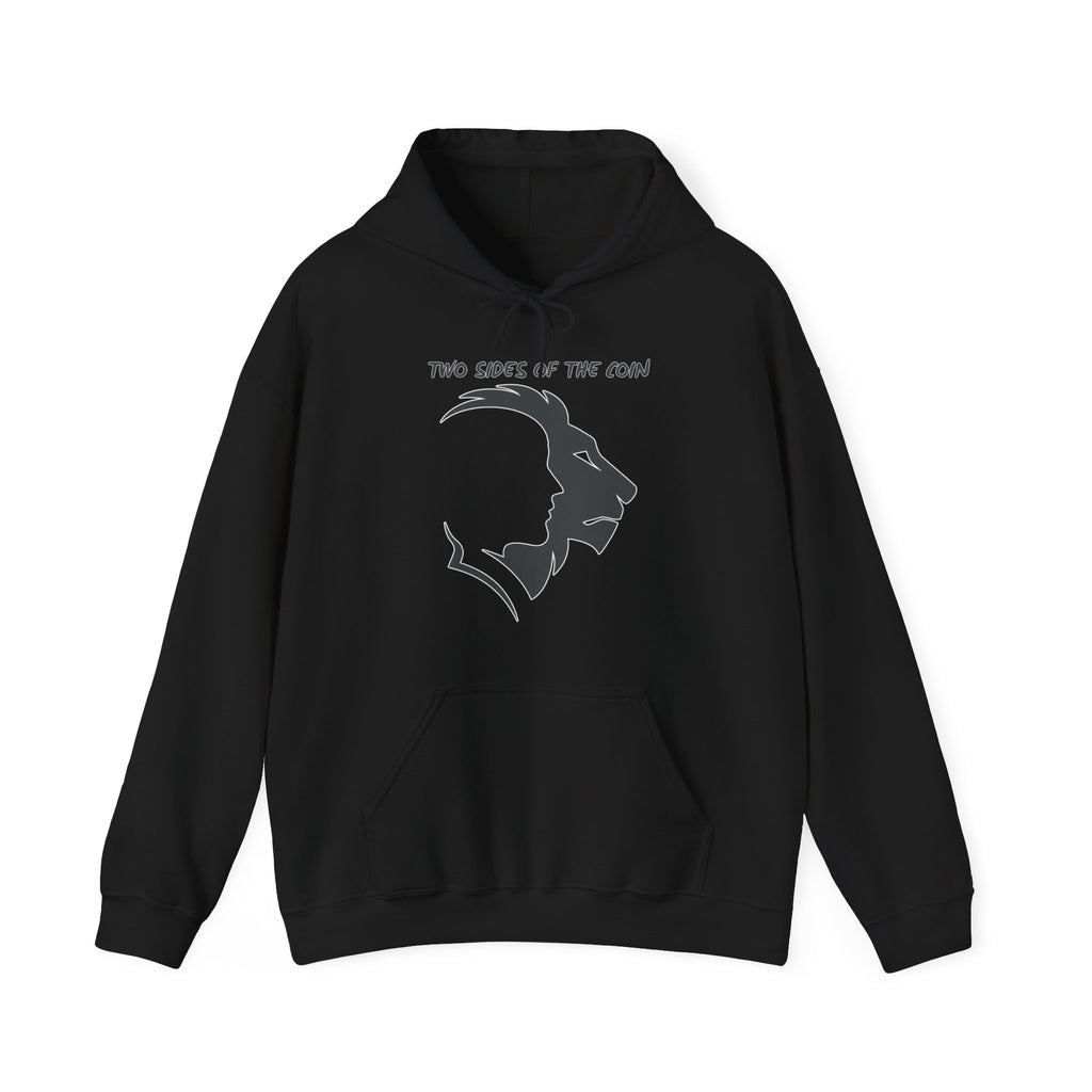 Black hoodie with a graphic design on a white background