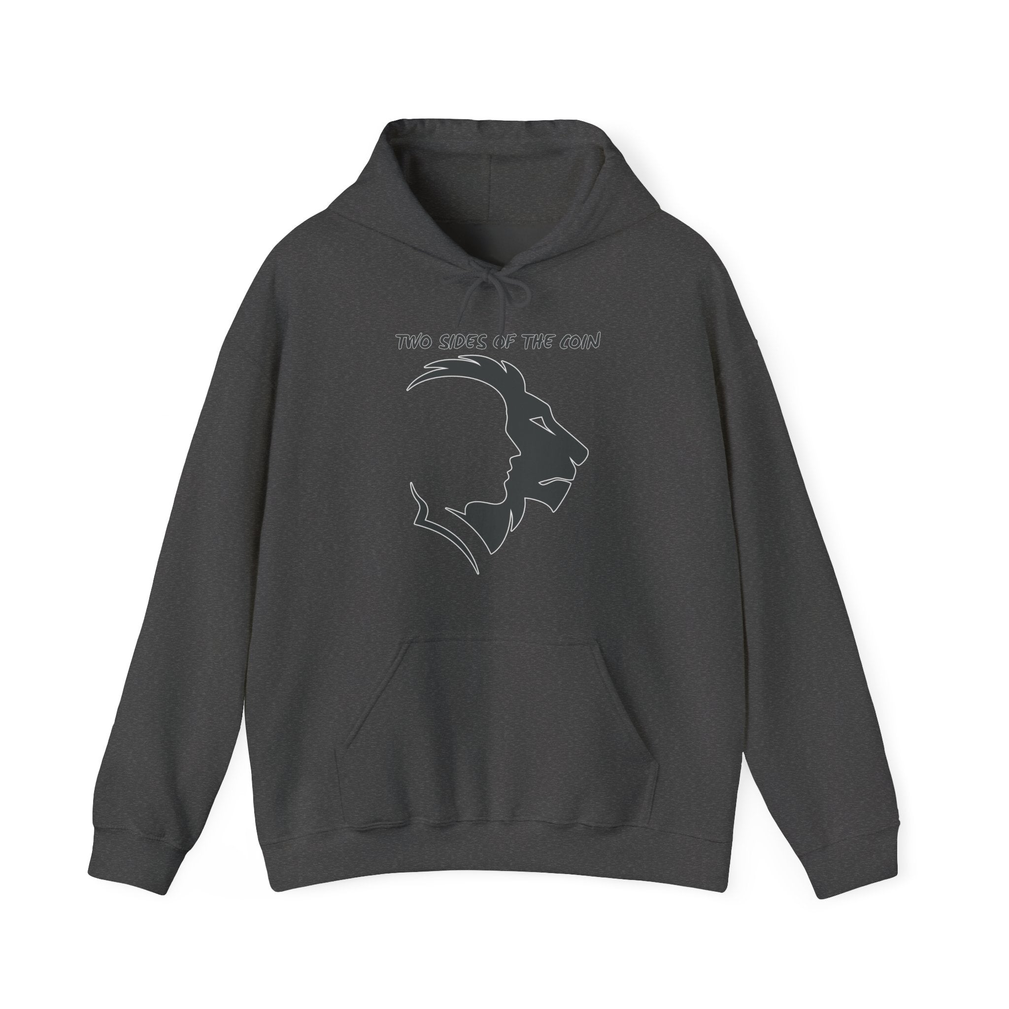 Dark gray hoodie with a graphic design on a white background