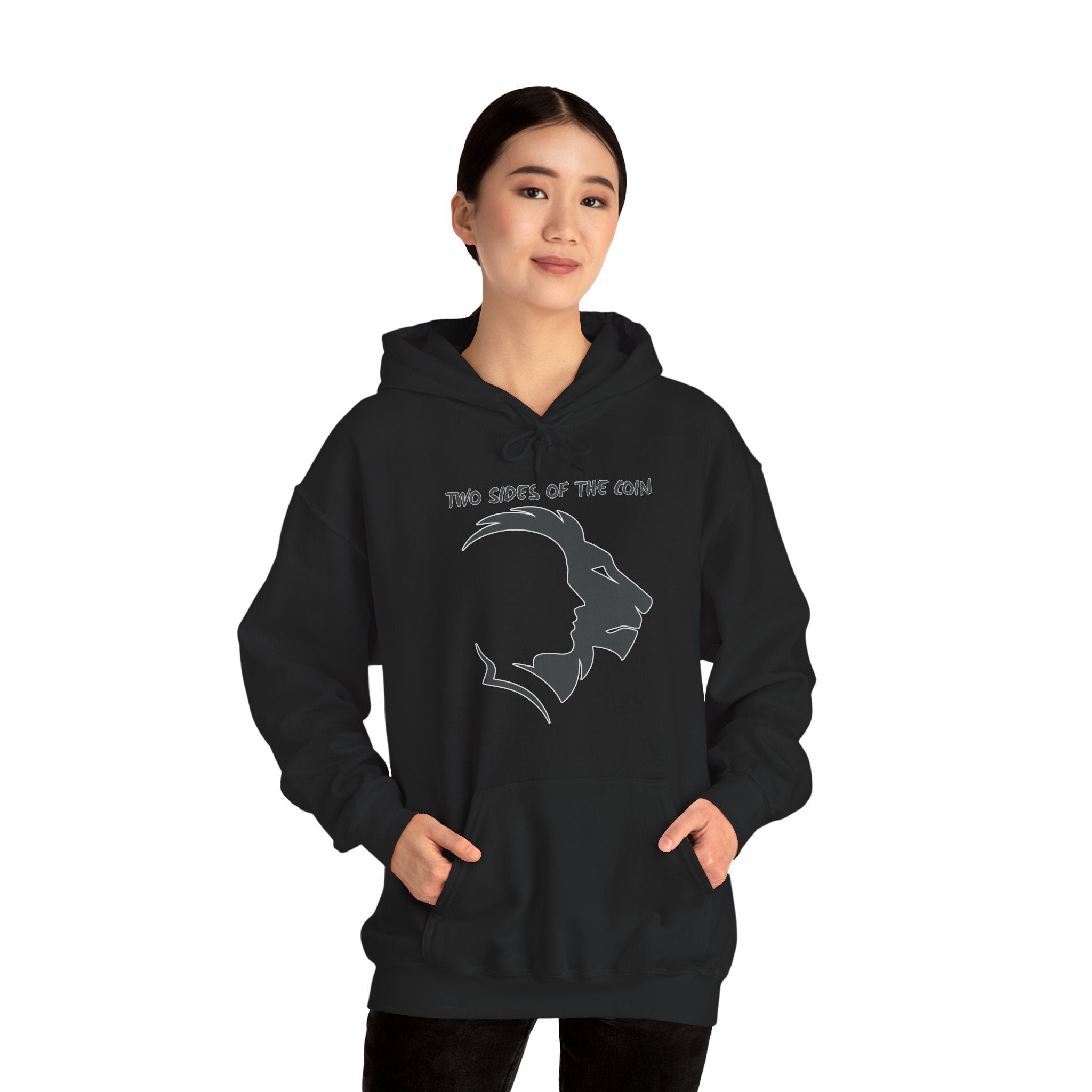 Person wearing a black hoodie with a graphic design on a white background