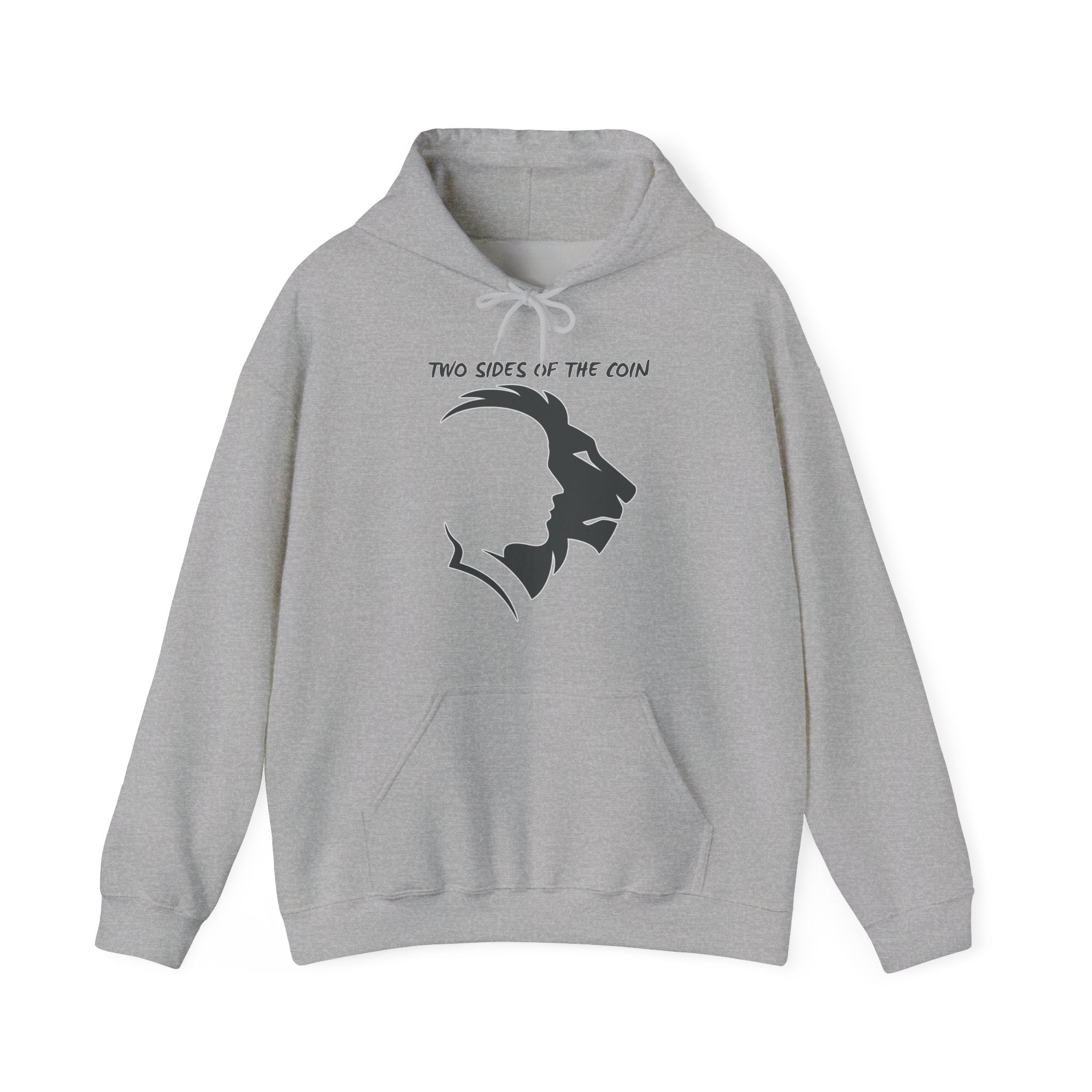 Gray hoodie with black graphic design and text on a white background