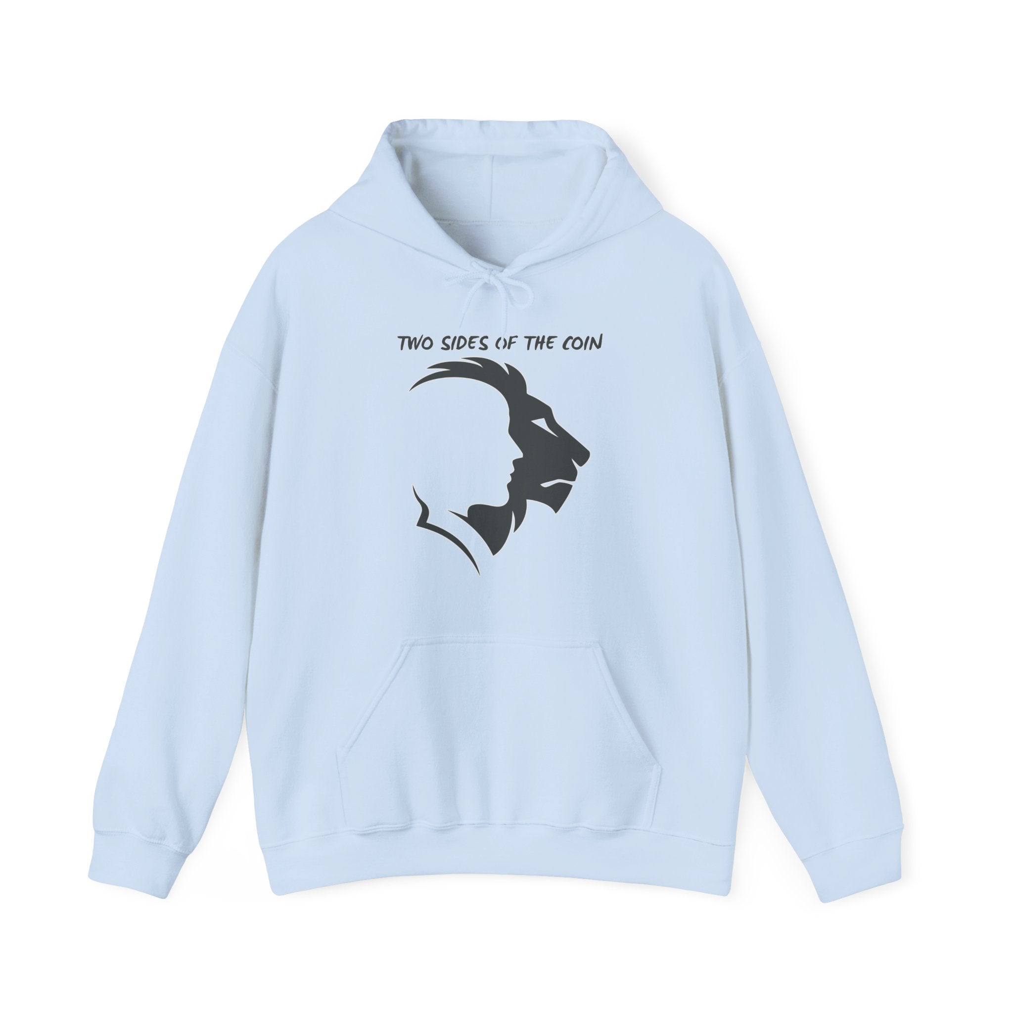 Light blue hoodie with black graphic design and text on a white background