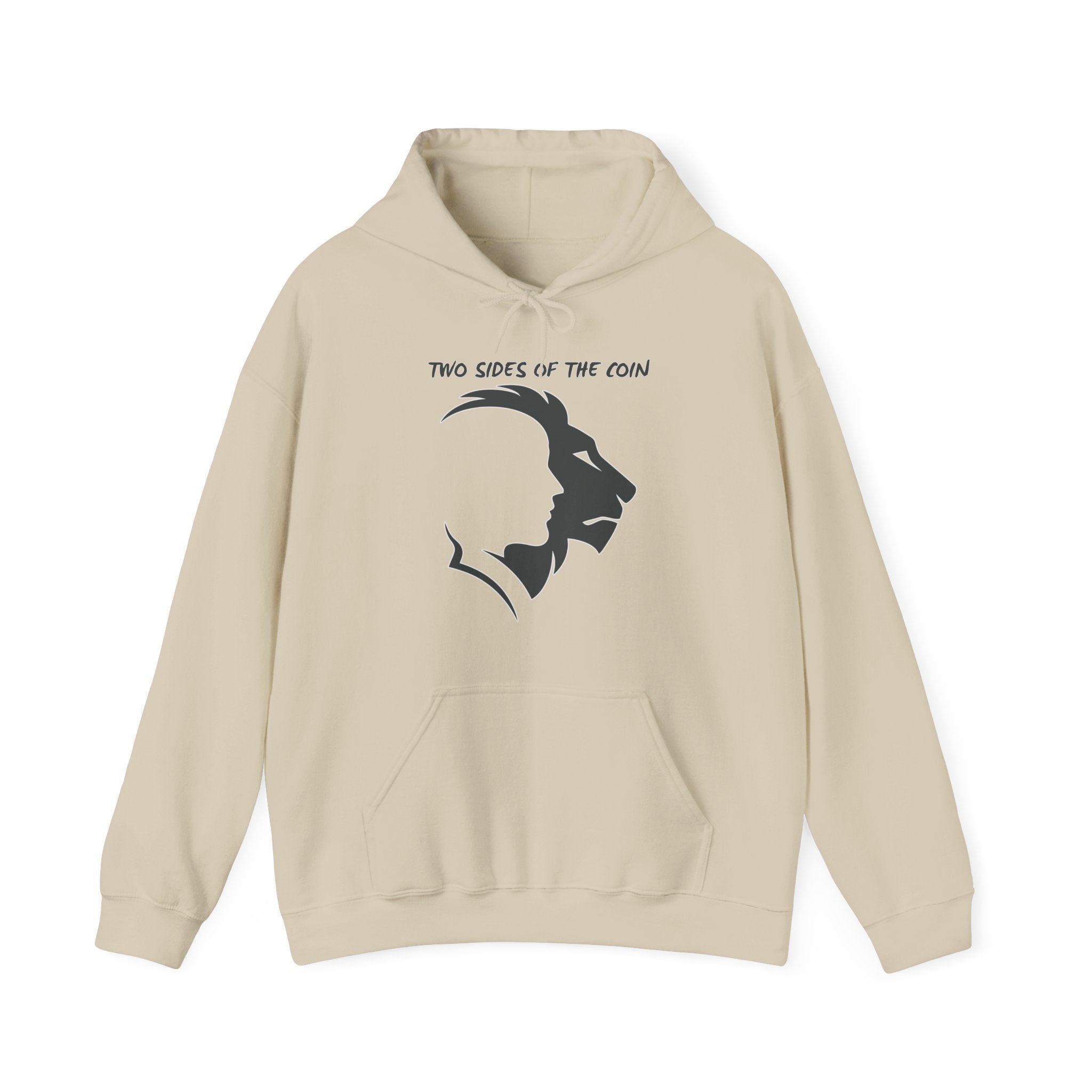 Beige hoodie with black graphic design and text on a white background