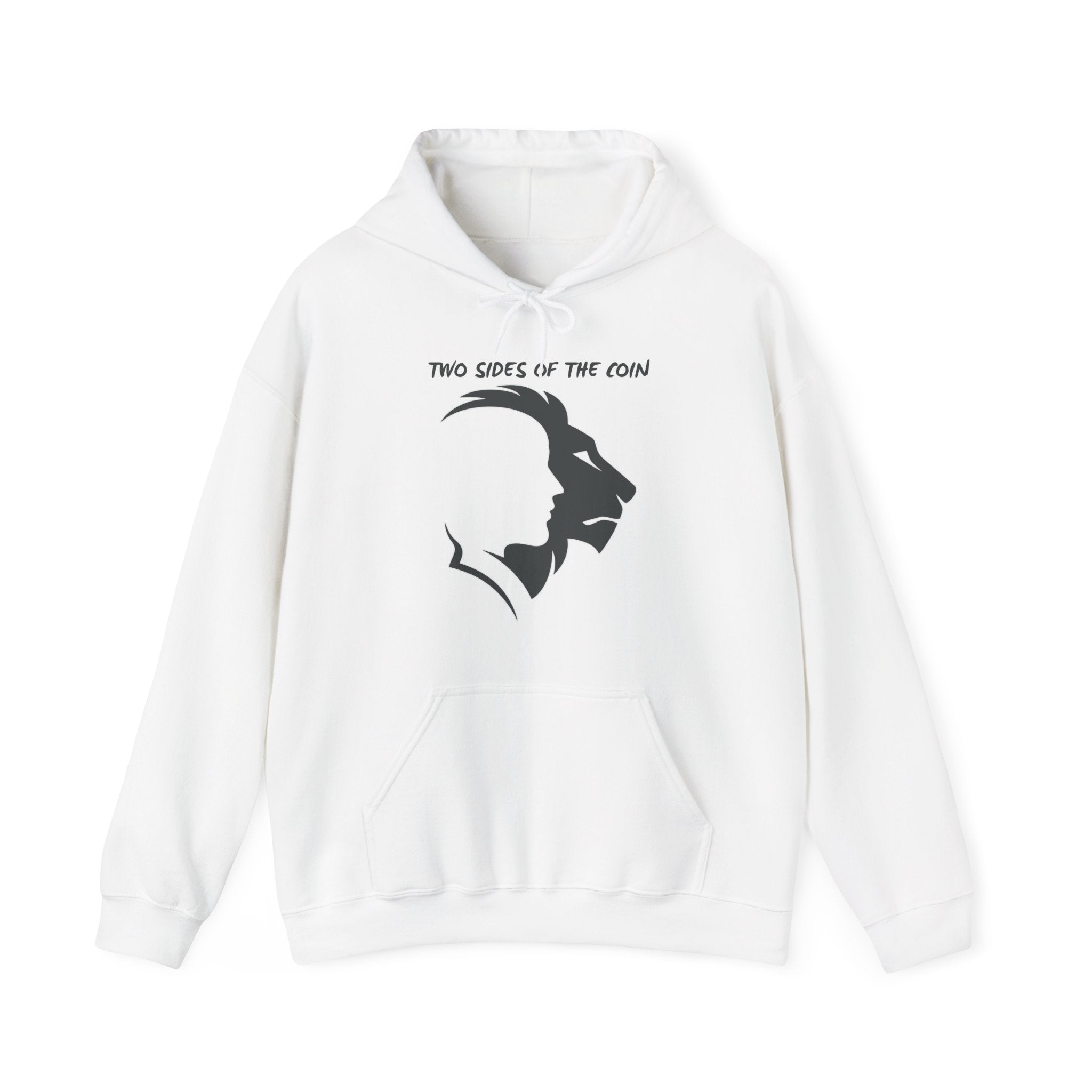 White hoodie with black graphic design and text on a white background