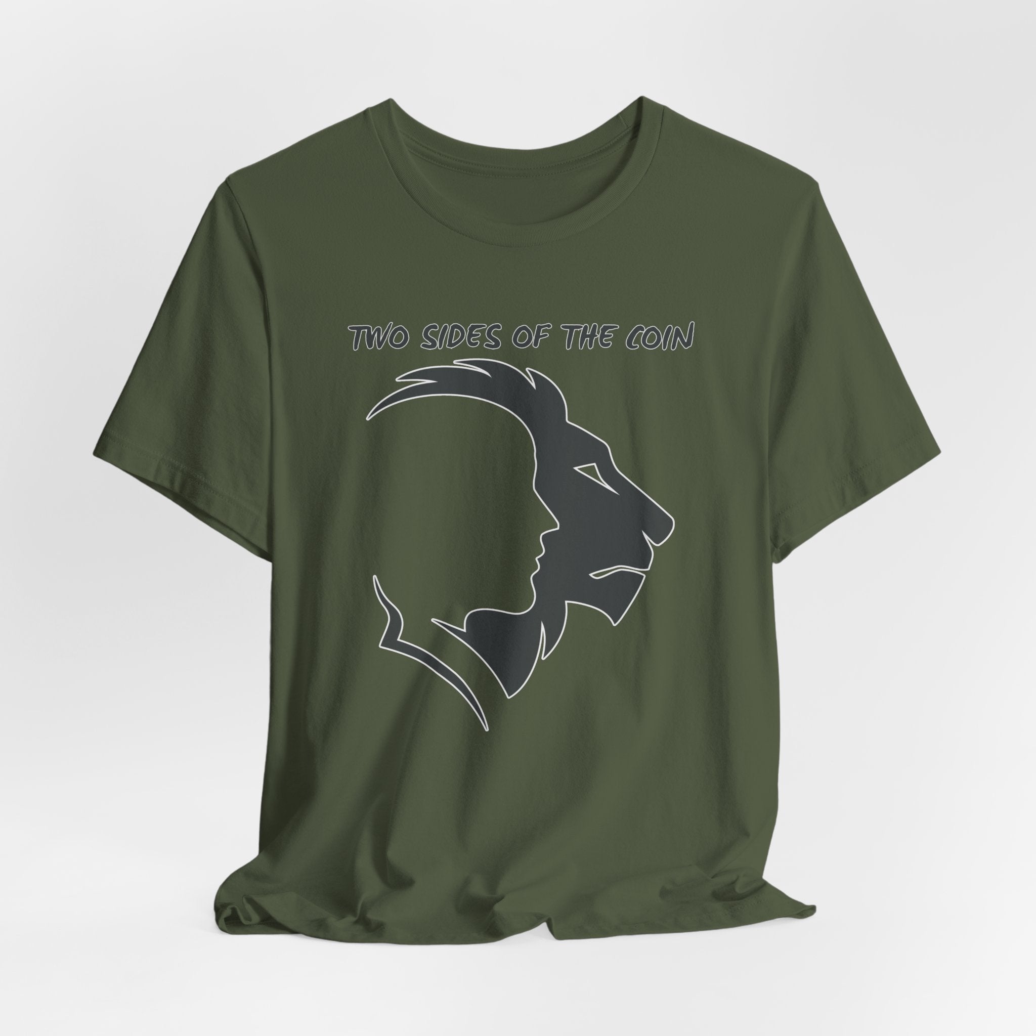 Military green t-shirt with dark gray graphic of lion and human faces and text 'Two Sides of the Coin' on a light gray background