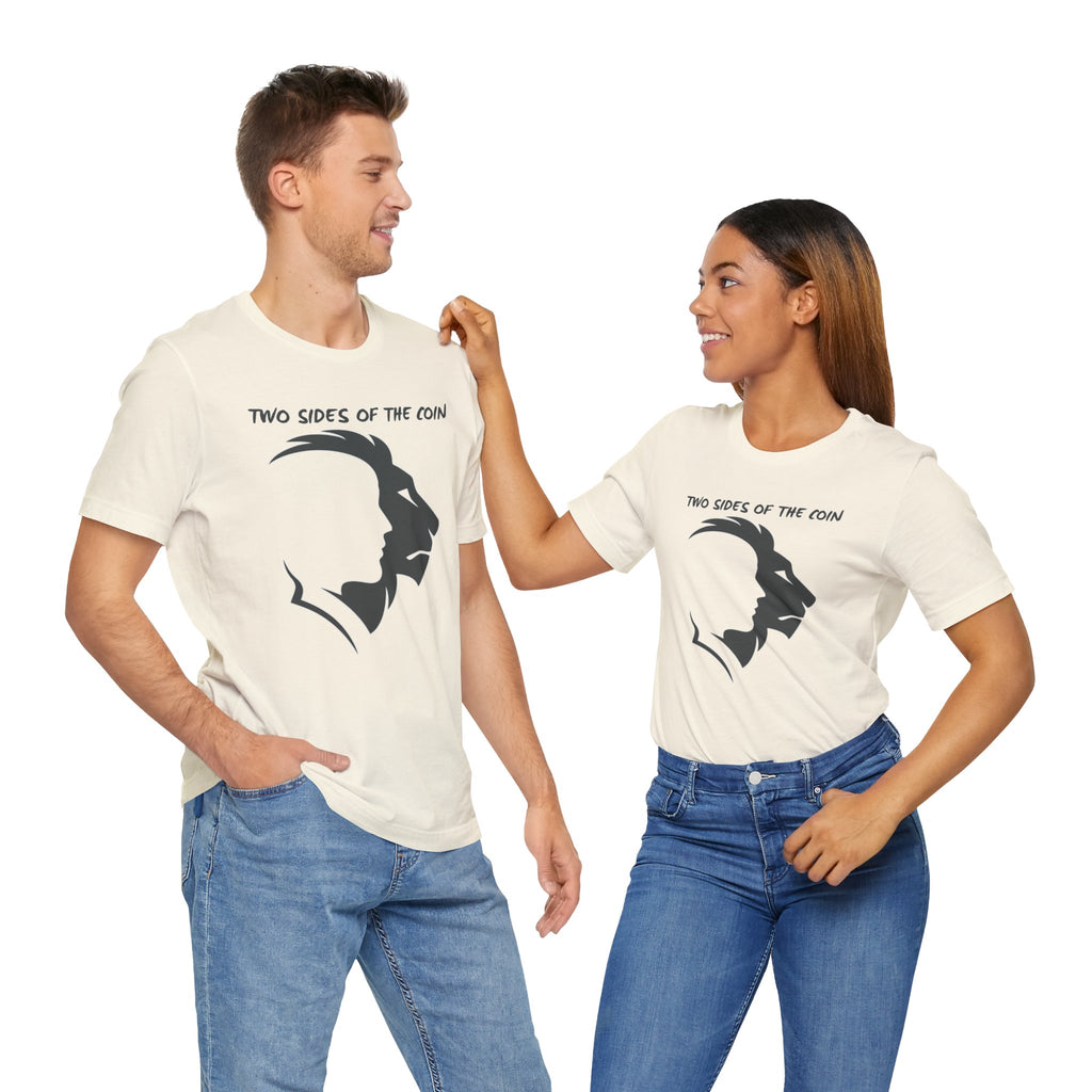 Two people wearing t-shirts with a graphic design and text on a white background