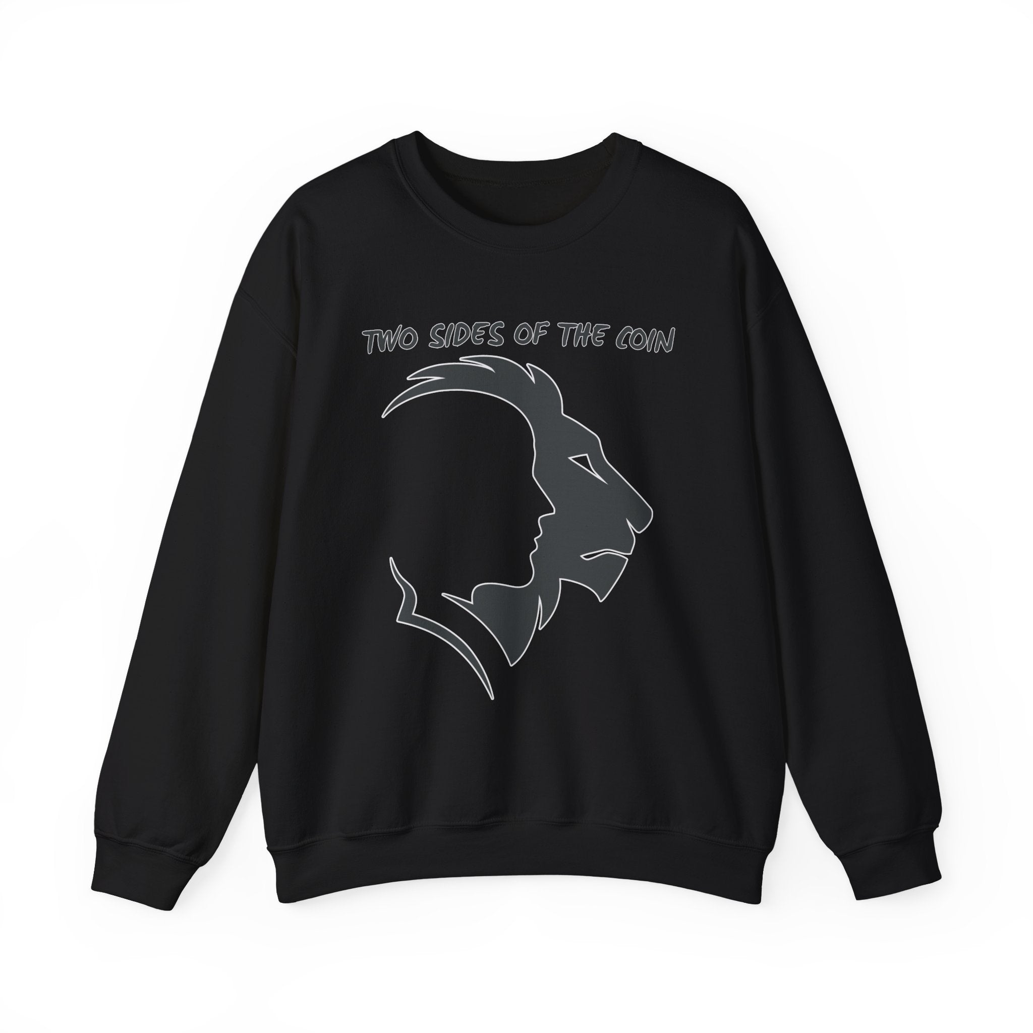 Black sweatshirt with a graphic design and text on a white background