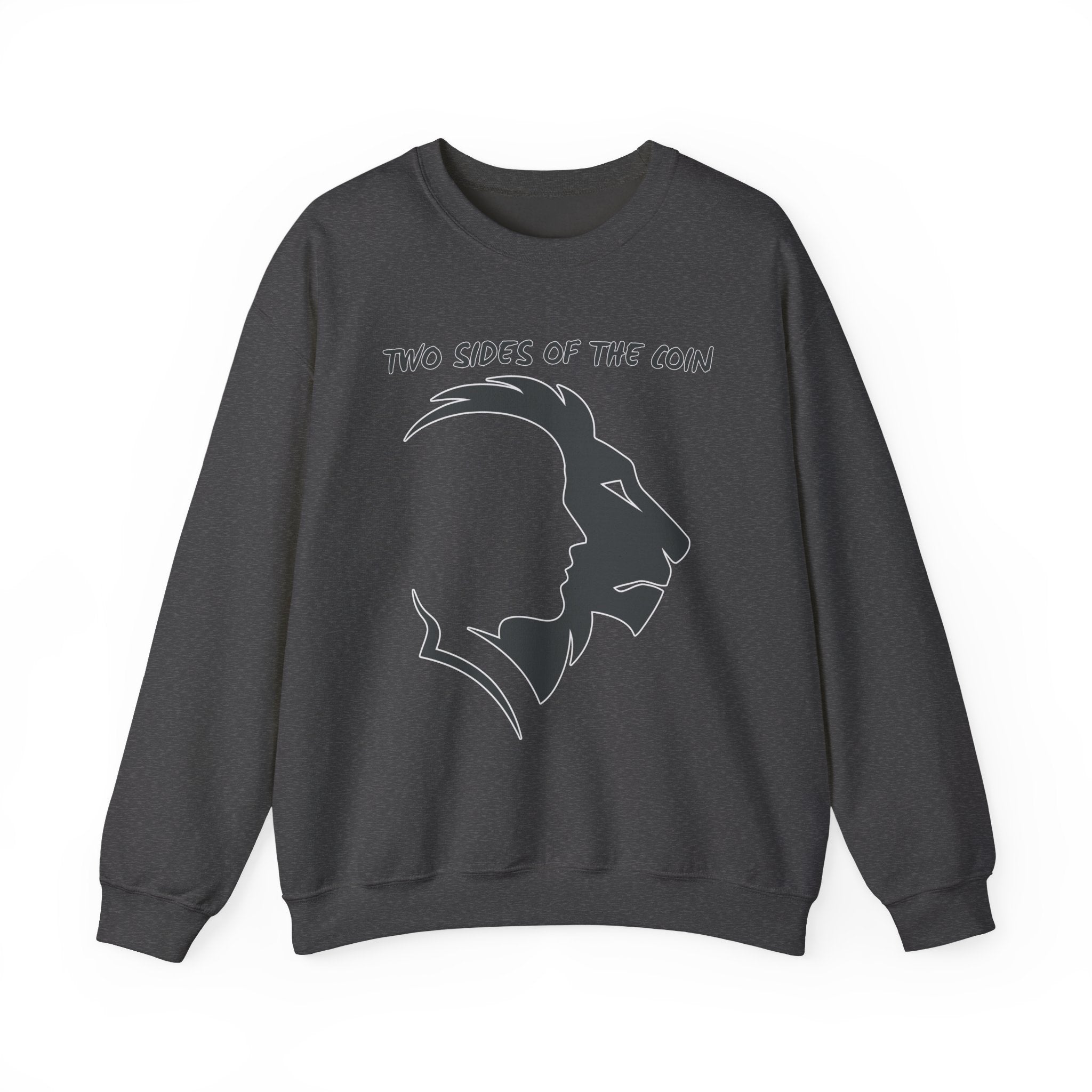 Dark heather sweatshirt with white graphic design and text on a white background