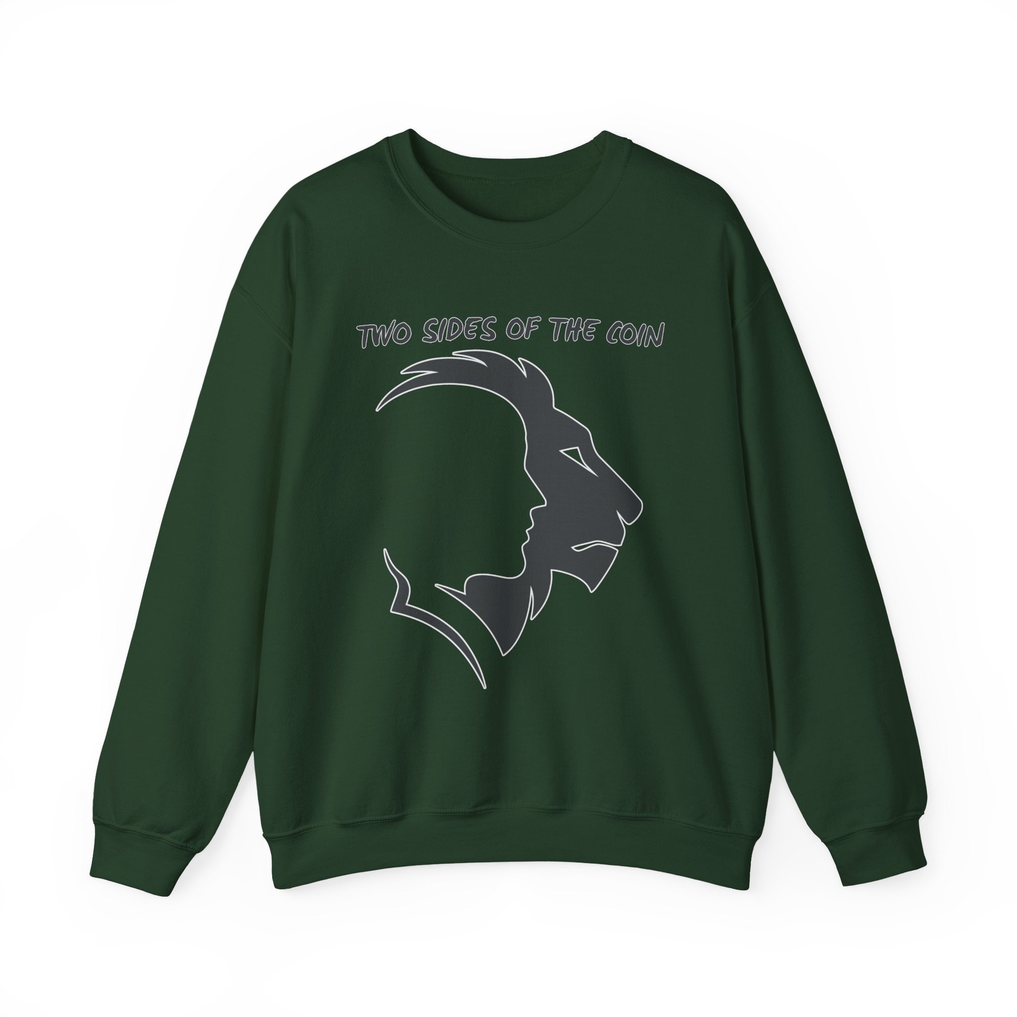 Forest green sweatshirt with graphic design and text on a white background