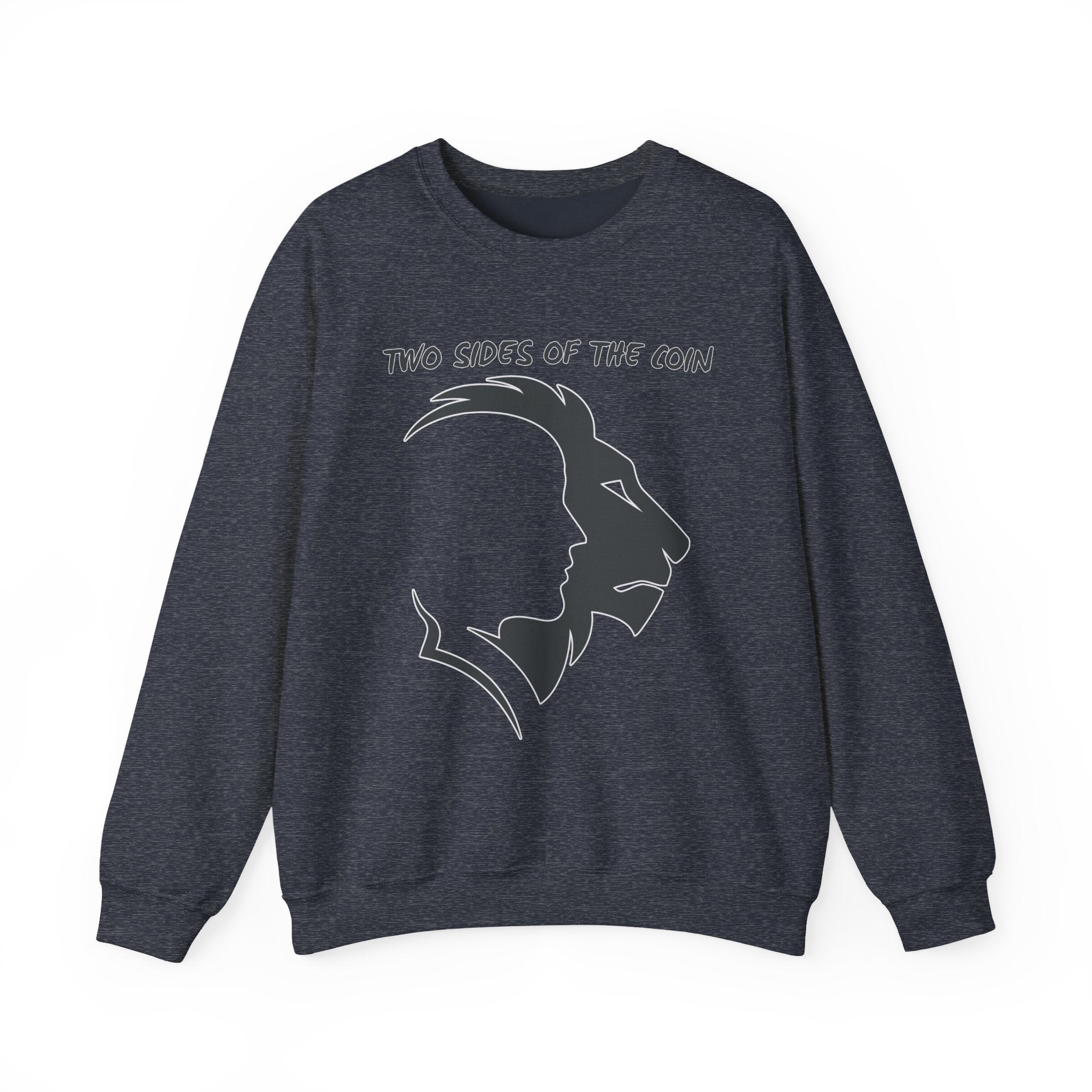 Heather sport dark navy sweatshirt with a graphic design and text on a white background