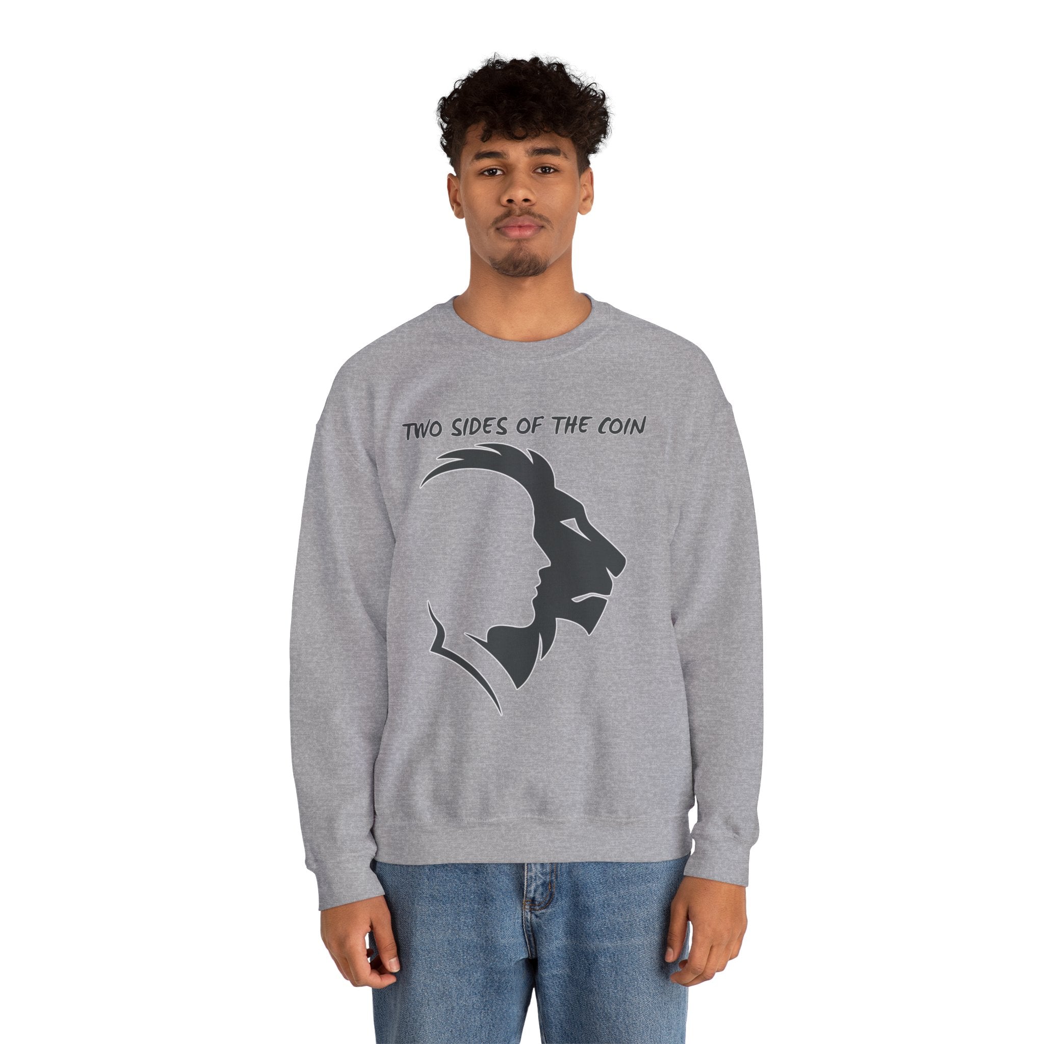 Person wearing a gray sweatshirt with a graphic design and text on a white background