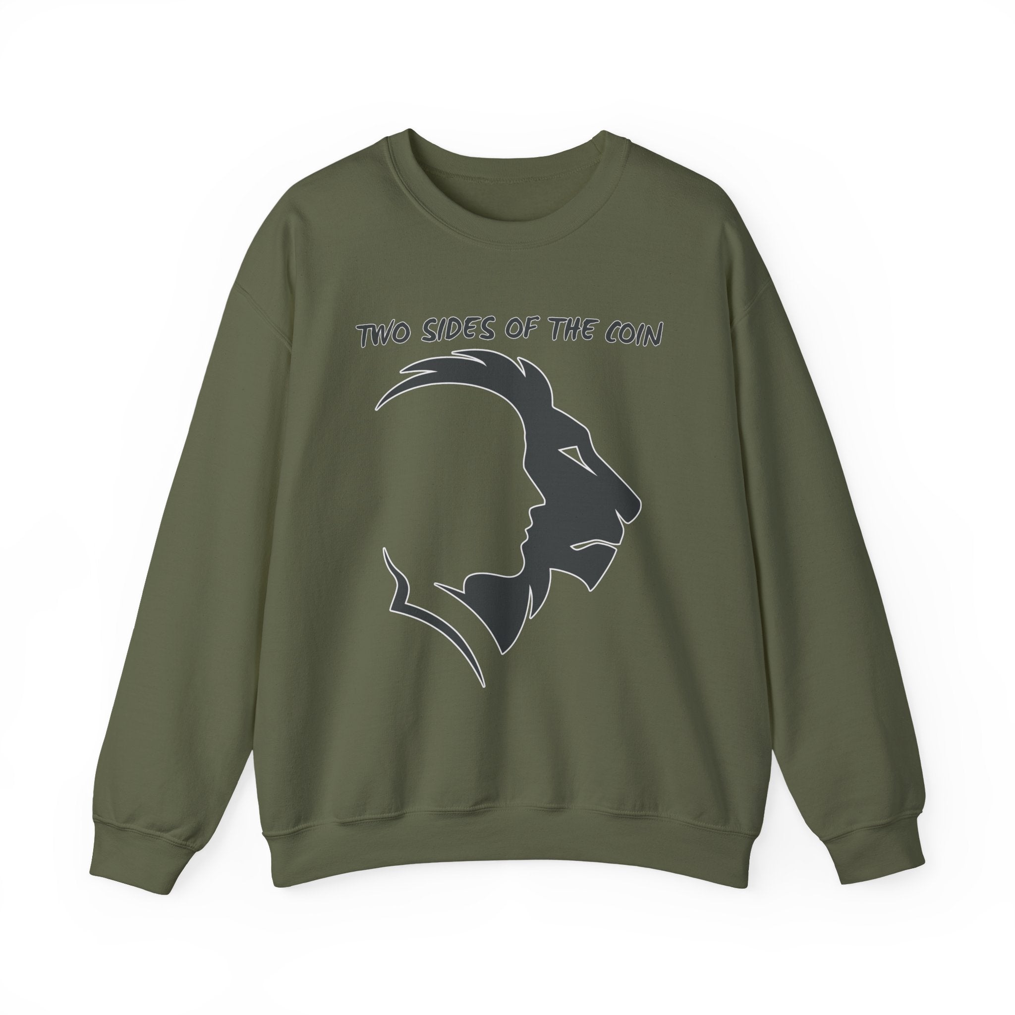 Military green sweatshirt with a graphic design and text on a white background